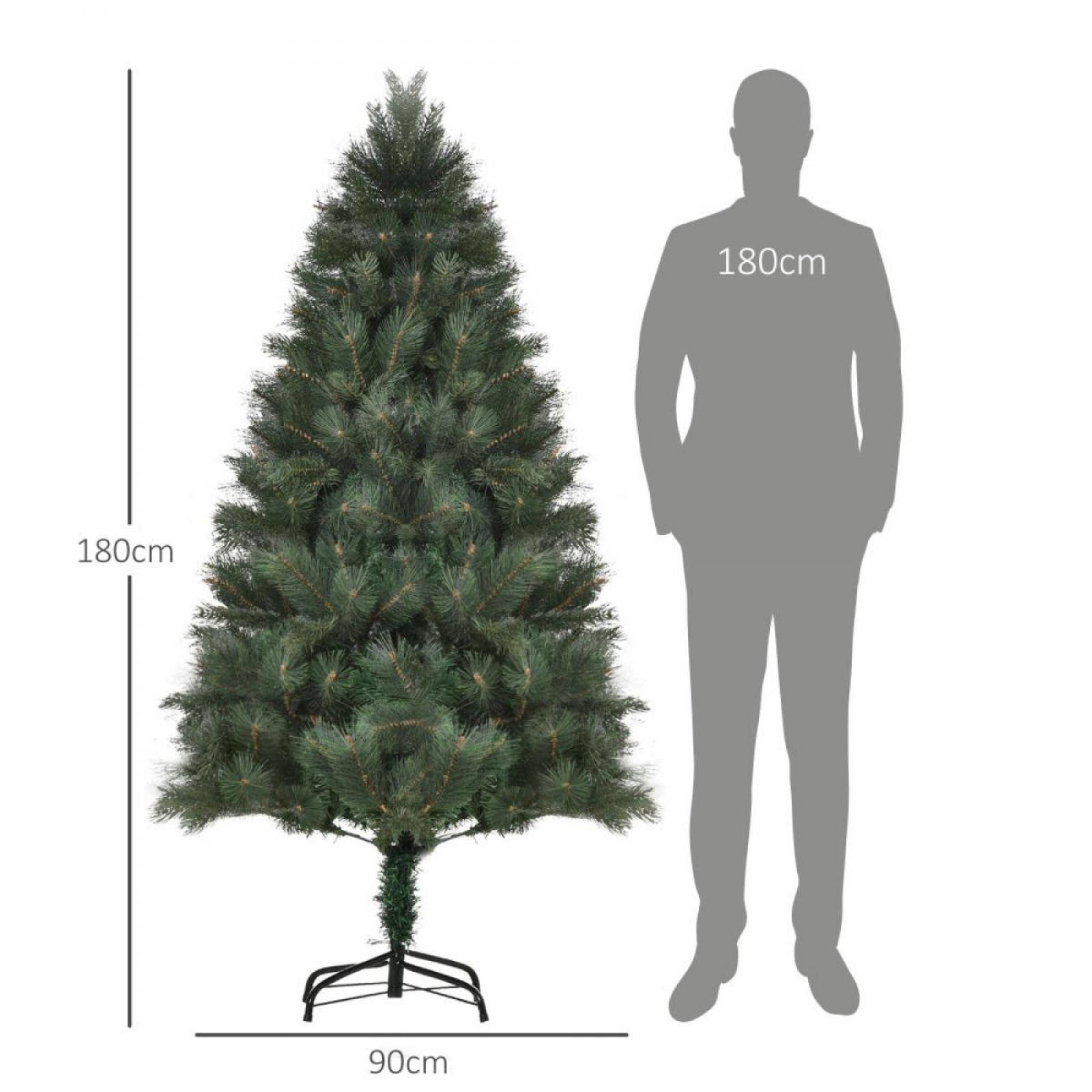 Ein grüner künstlicher Weihnachtsbaum, 180 cm hoch, neben einer 180 cm großen menschlichen Silhouette. Die Basis ist 90 cm breit.