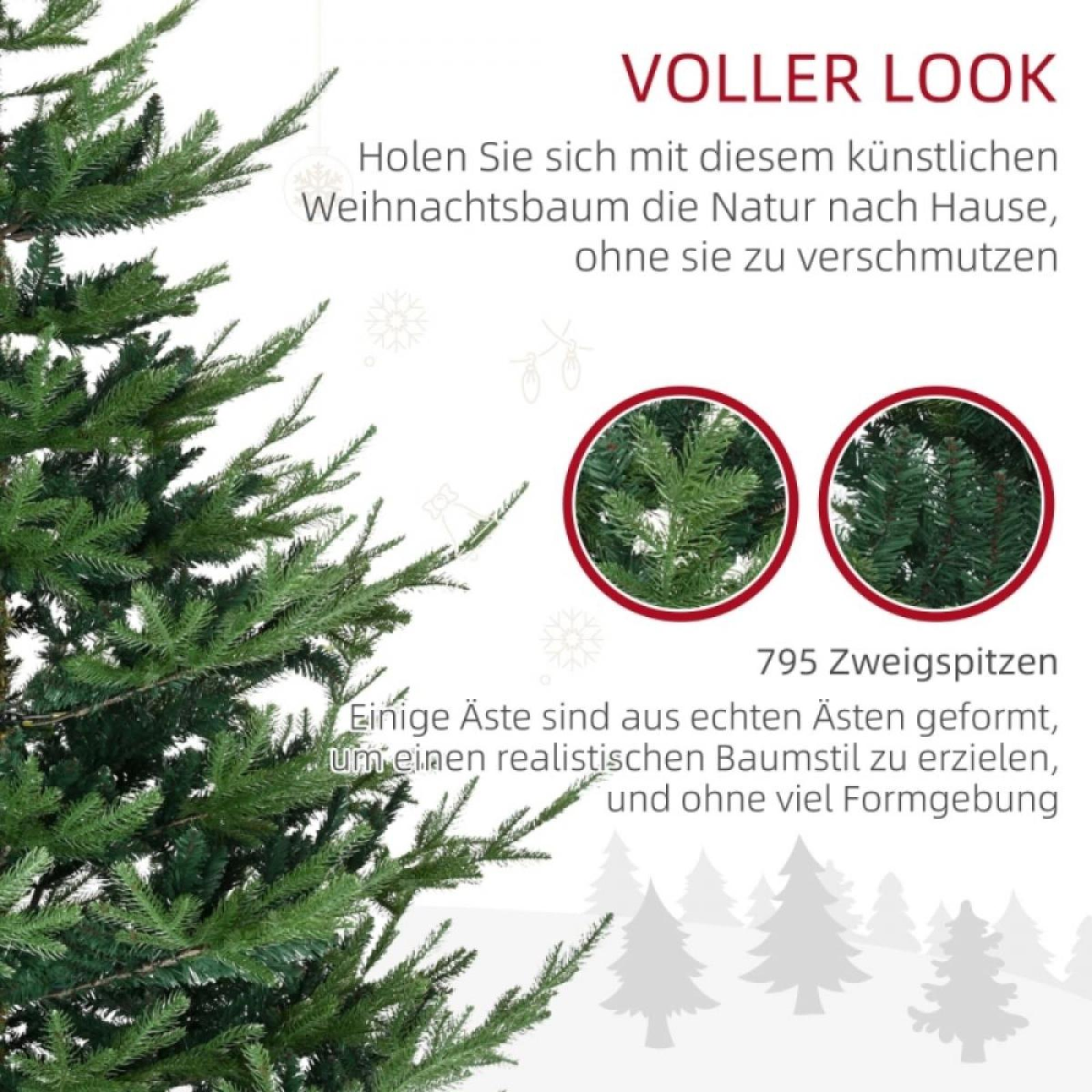 Das Bild zeigt einen grünen Weihnachtsbaum mit Text auf Deutsch, der für einen natürlich aussehenden Kunstbaum wirbt.