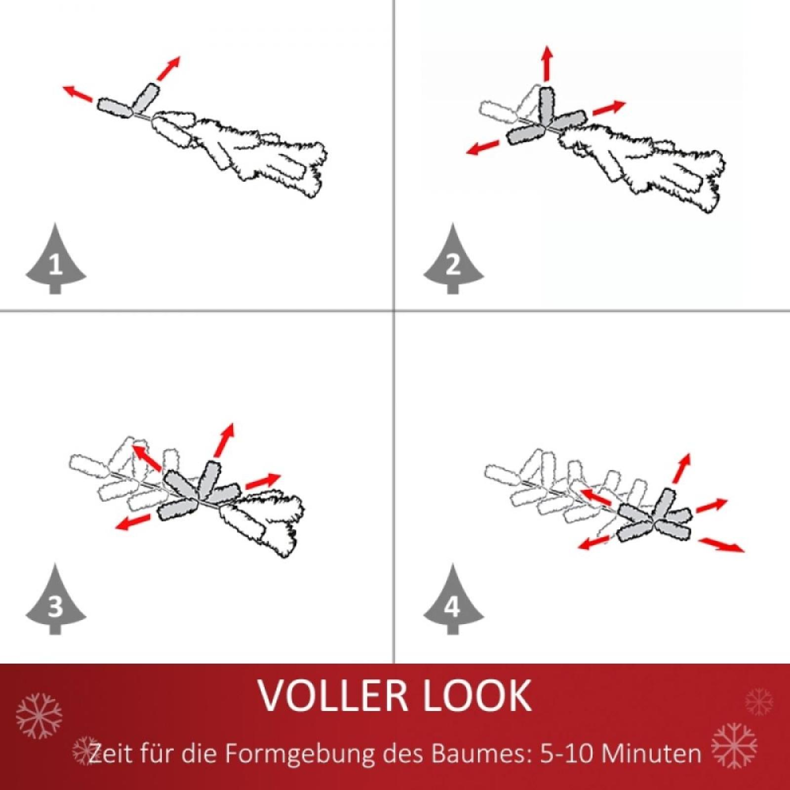 Diagramm mit Schritten zum Formen eines Weihnachtsbaums. Rote Pfeile zeigen die Richtung der Äste an. Text: VOLLER LOOK.