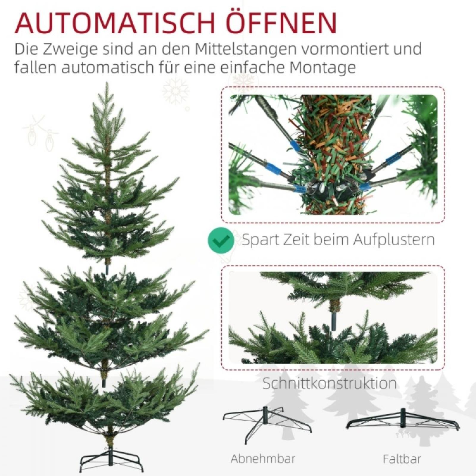 Ein grüner künstlicher Weihnachtsbaum mit Montageanweisungen. Text: 'AUTOMATISCH ÖFFNEN' und Montagetipps.