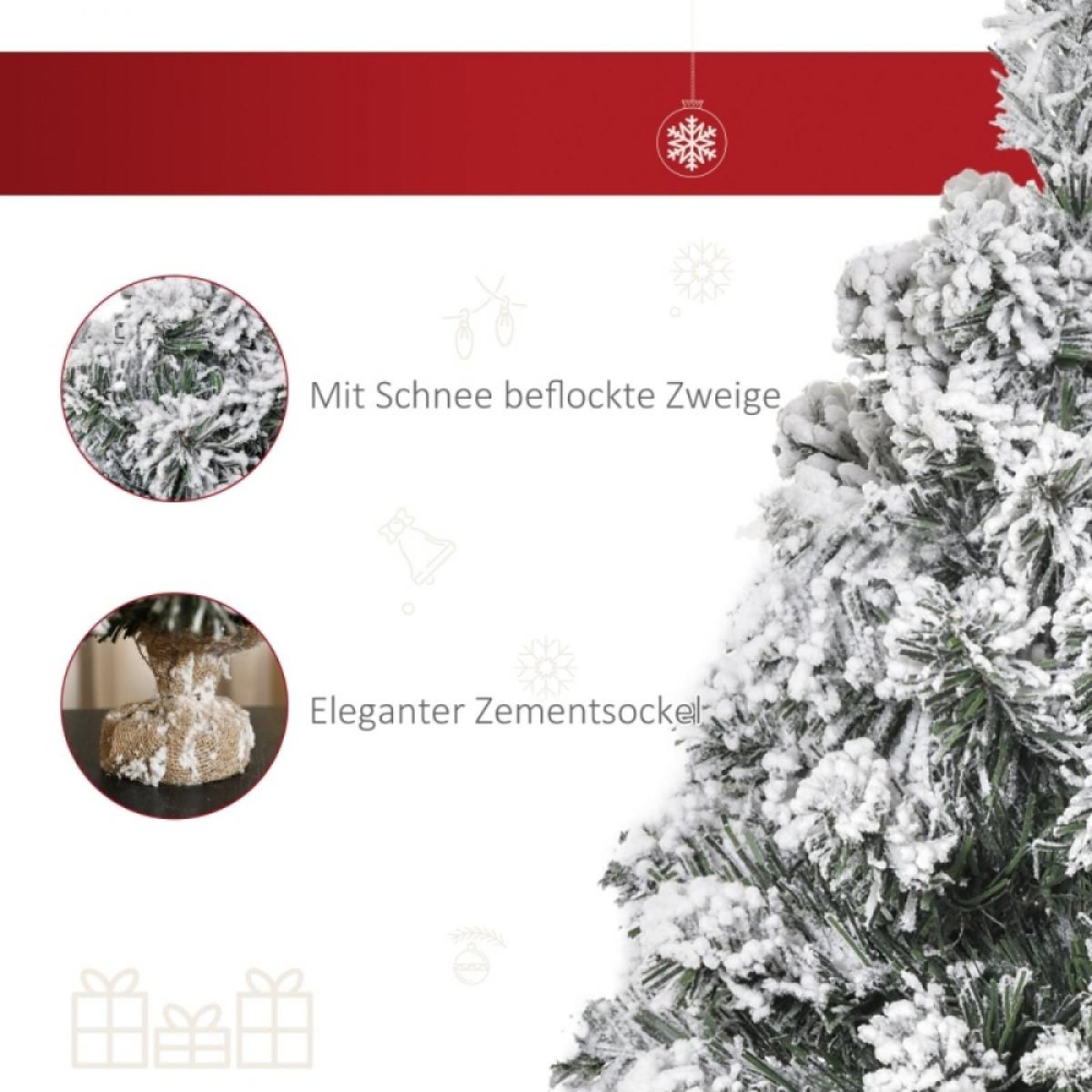 Nahaufnahme eines schneebedeckten Weihnachtsbaums mit deutschem Text. Enthält Nahaufnahmen und dekorative Elemente.