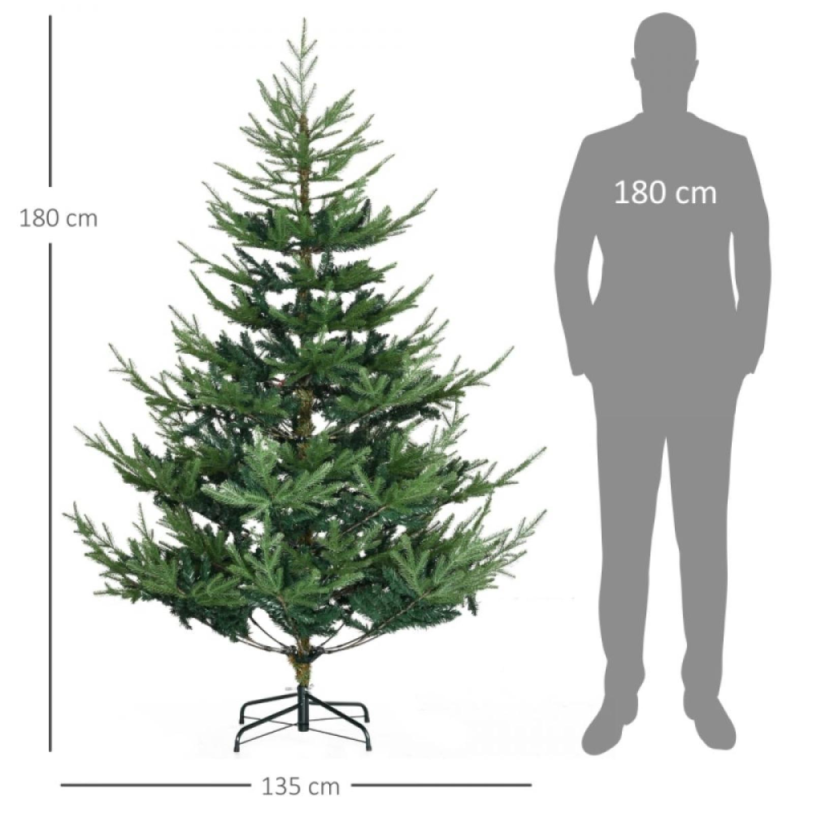 Ein grüner Weihnachtsbaum, 180 cm hoch, neben einer grauen Silhouette einer Person, ebenfalls 180 cm hoch, mit Größenangaben.