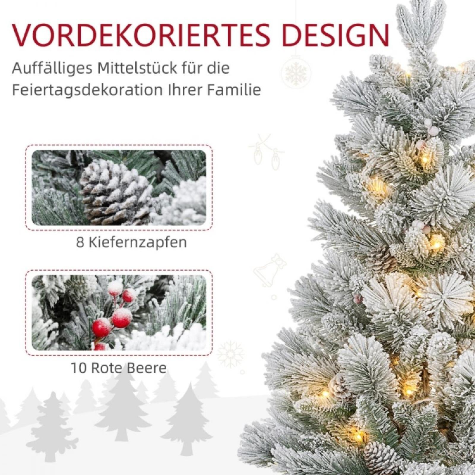 Ein vorab dekorierter Weihnachtsbaum mit Schneeeffekt. Er hat Tannenzapfen, rote Beeren und warmes Licht. Text oben: VORDEKORIERTES DESIGN.