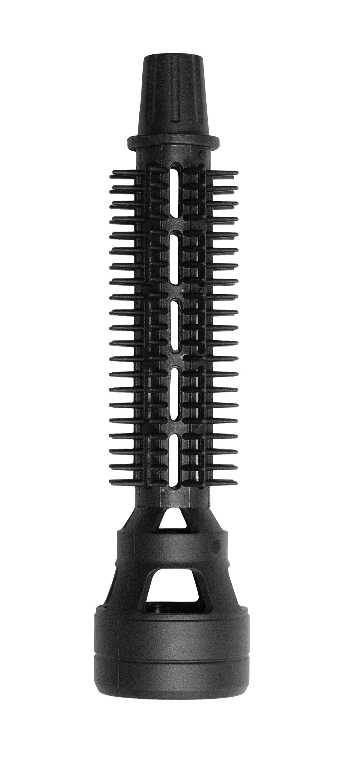 Czarny element do suszarki do włosów. Ma strukturę grzebienia z pionowymi szczelinami. Tło jest białe.