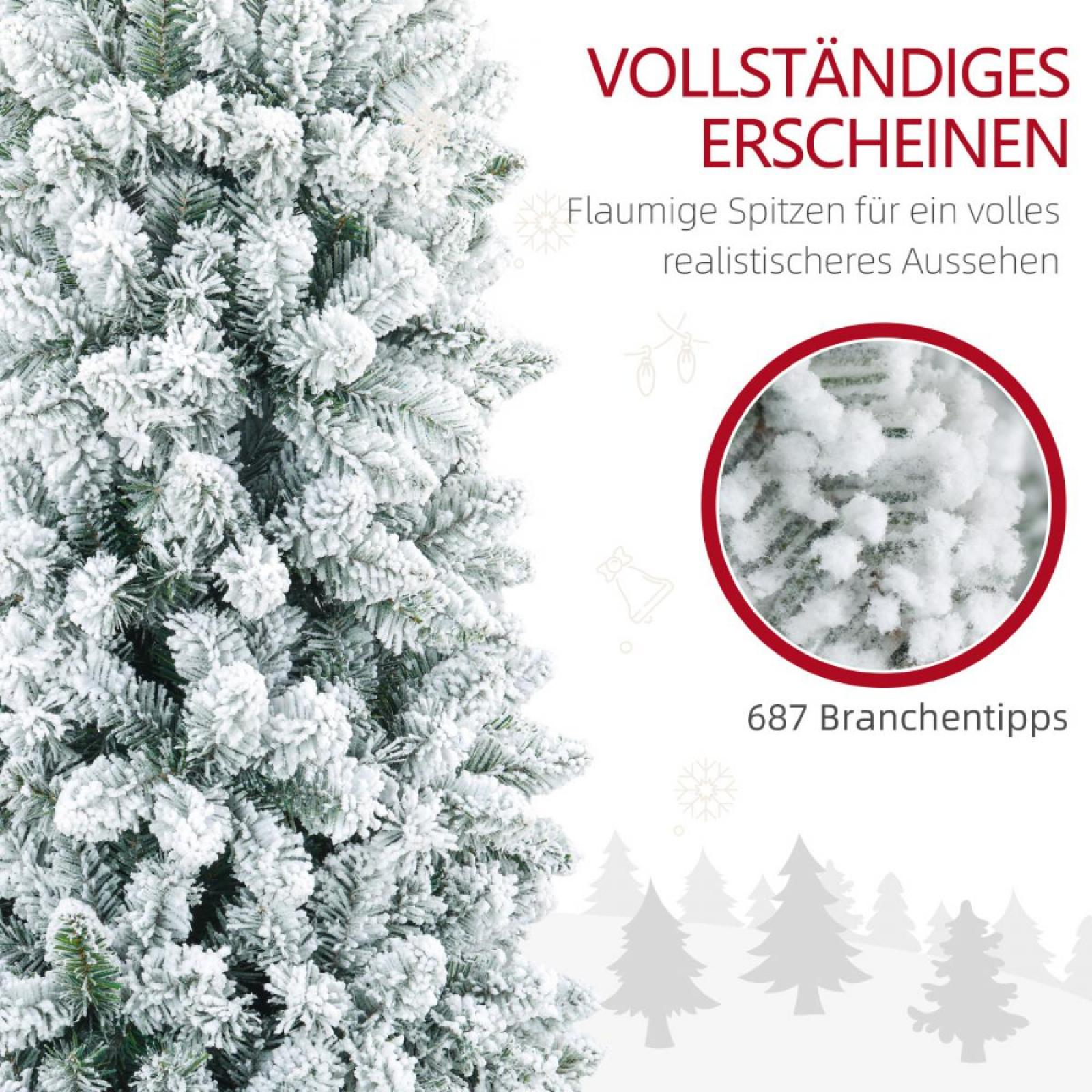 Nahaufnahme eines verschneiten Weihnachtsbaums. Text auf Deutsch: 'Vollständiges Erscheinungsbild' und '687 Zweigspitzen'.