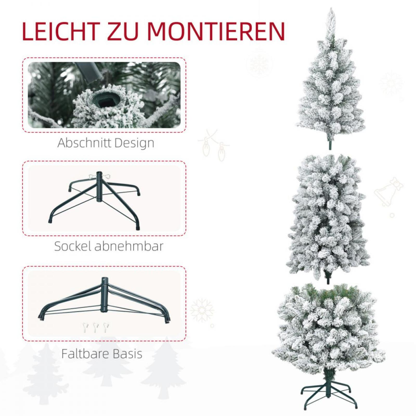 Das Bild zeigt einen verschneiten Weihnachtsbaum mit Details zu seinem Design, abnehmbarem Sockel und faltbarem Ständer.