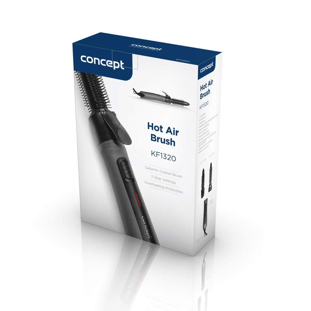 Pudełko szczotki do gorącego powietrza, czarne i szare. Marka: concept. Cechy: szczotka z powłoką ceramiczną, 3 ustawienia, ochrona przed przegrzaniem.