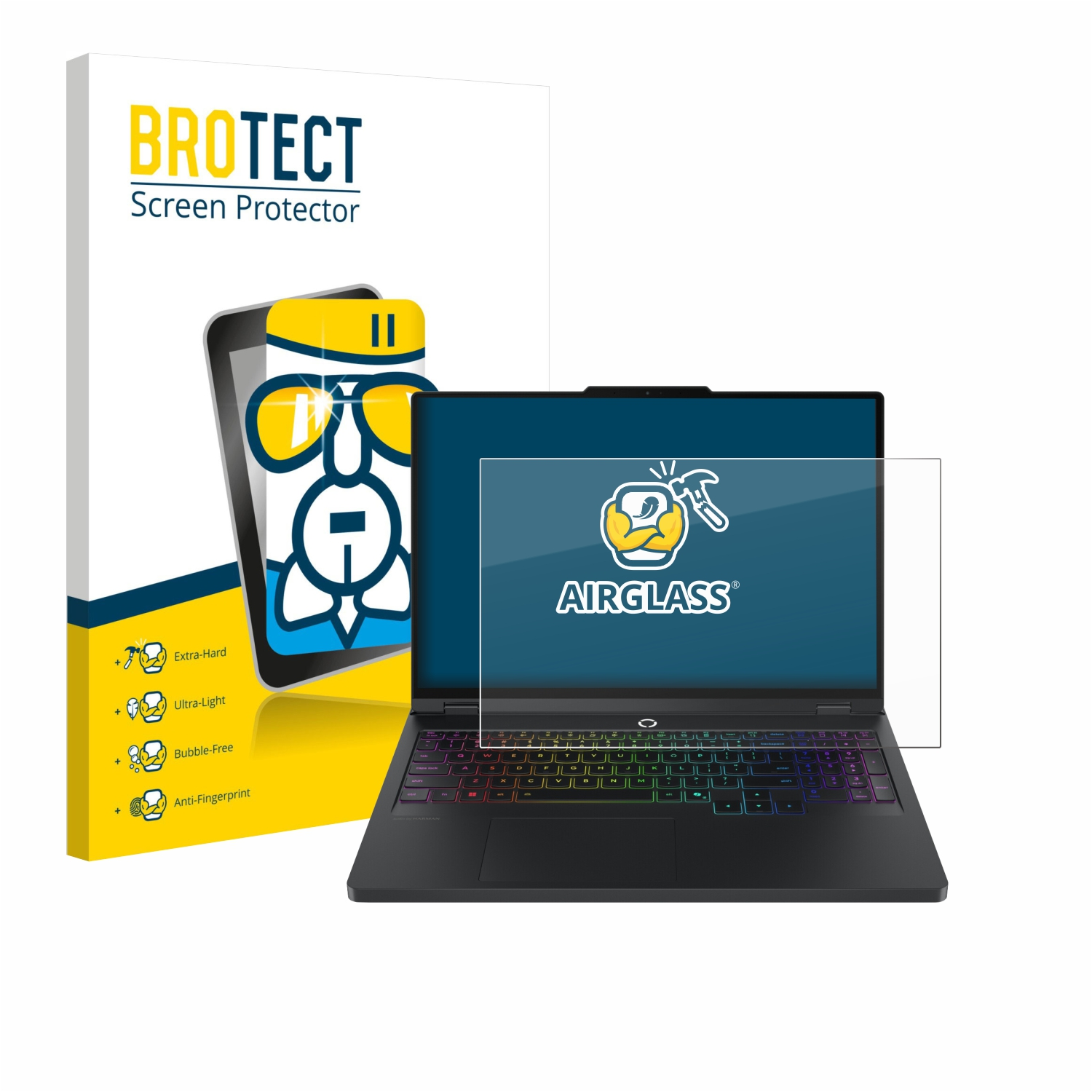 Ein Laptop mit Displayschutzfolie neben der Displayschutzfolienbox. Die Laptop-Tastatur leuchtet in verschiedenen Farben.