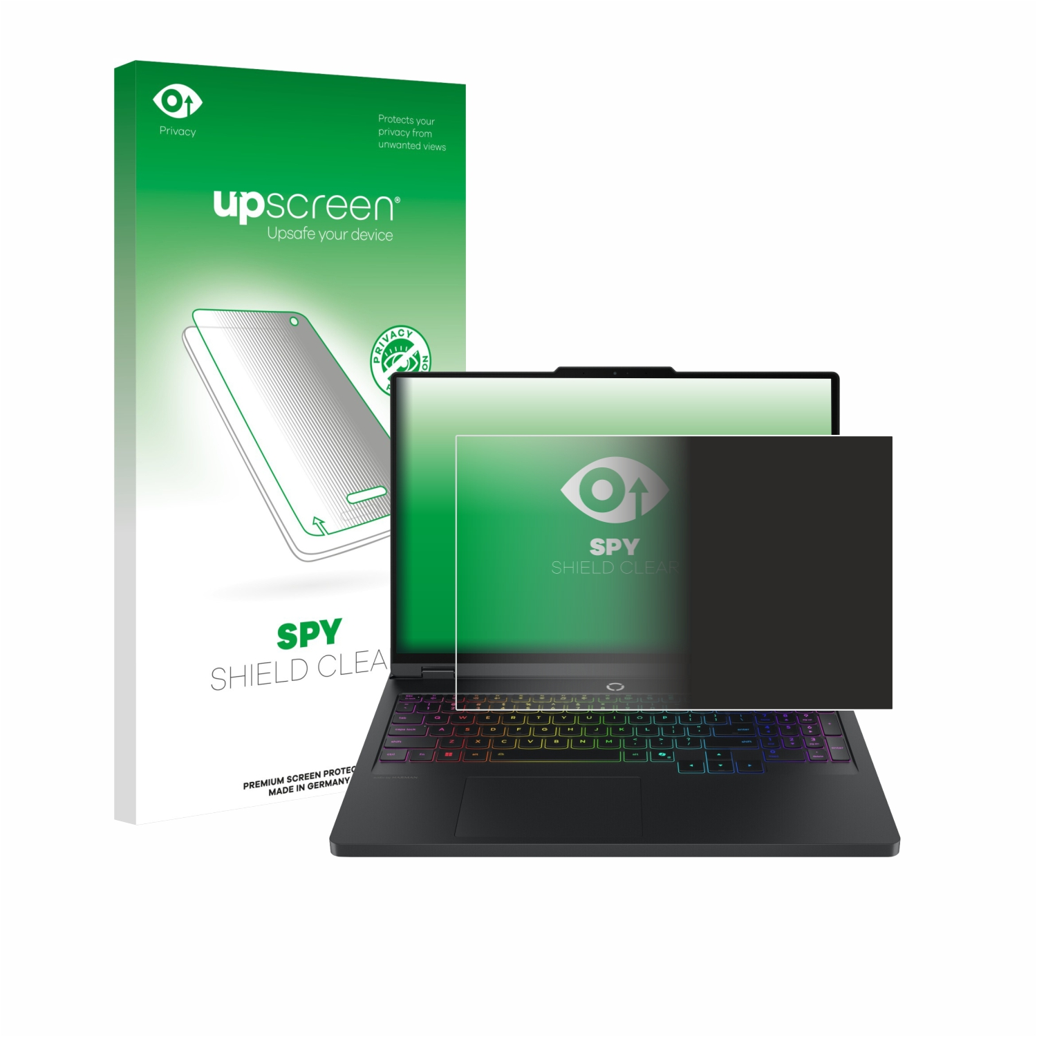 Ein Laptop mit einem Blickschutzfilter neben seiner Verpackung. Die Verpackung trägt die Marke 'upscreen' und ein grünes Farbschema.