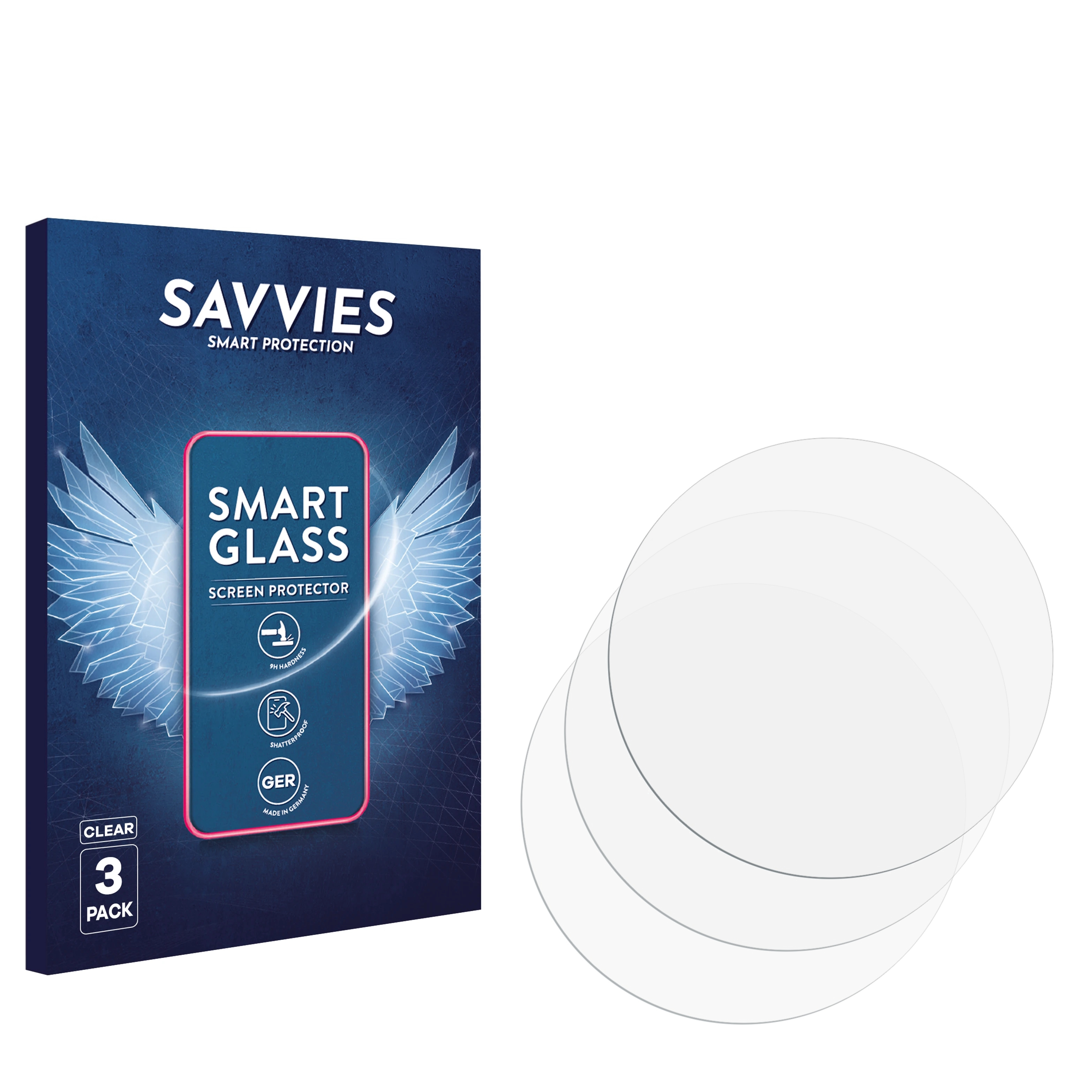 Eine Displayschutzfolienbox mit drei Glasschutzfolien. Die Box ist blau mit dem Markennamen SAVVIES und Produktinformationen.