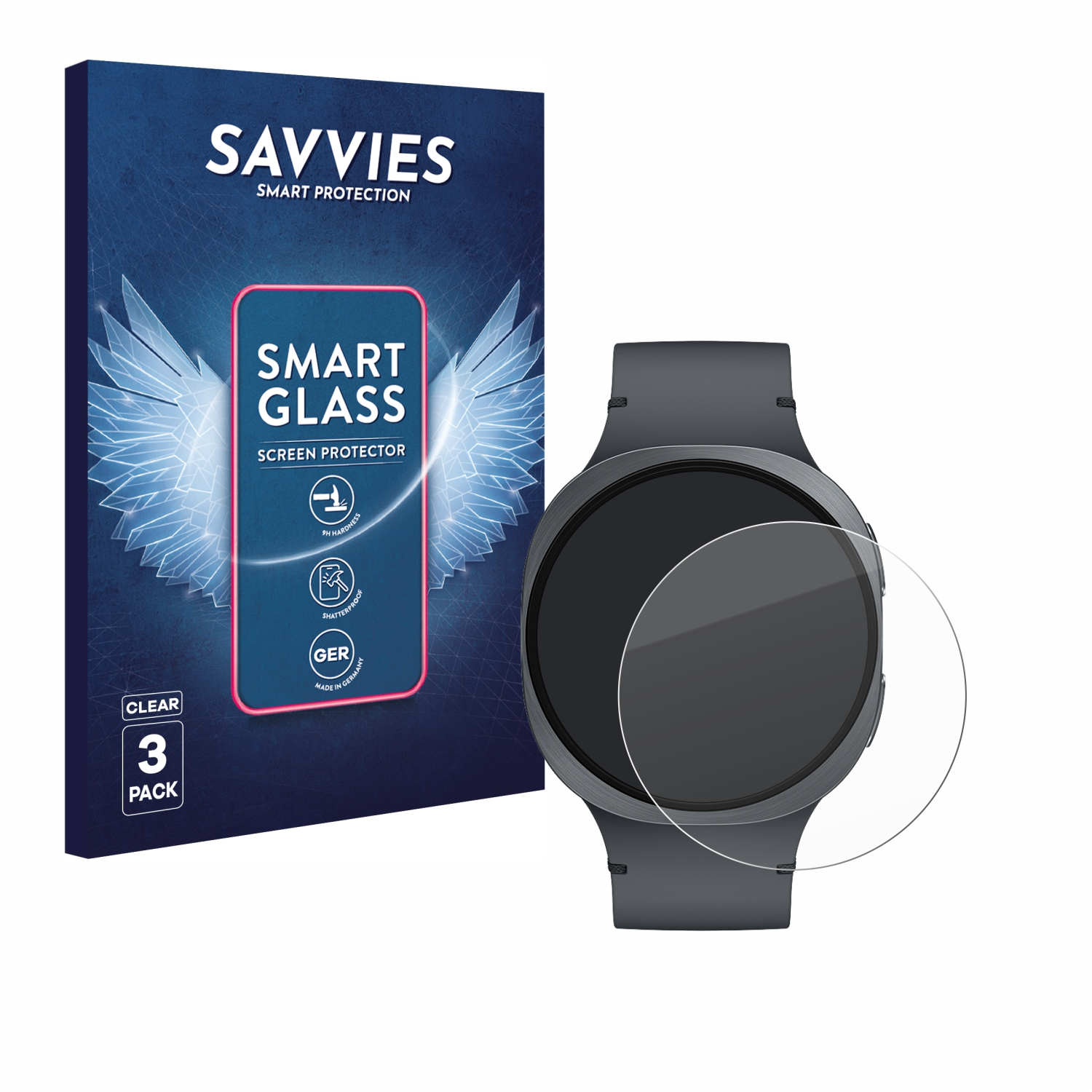Eine Smartwatch mit Displayschutzfolie und eine Schachtel mit der Aufschrift 'SAVVIES SMART GLASS SCREEN PROTECTOR' und 'MADE IN GERMANY'.