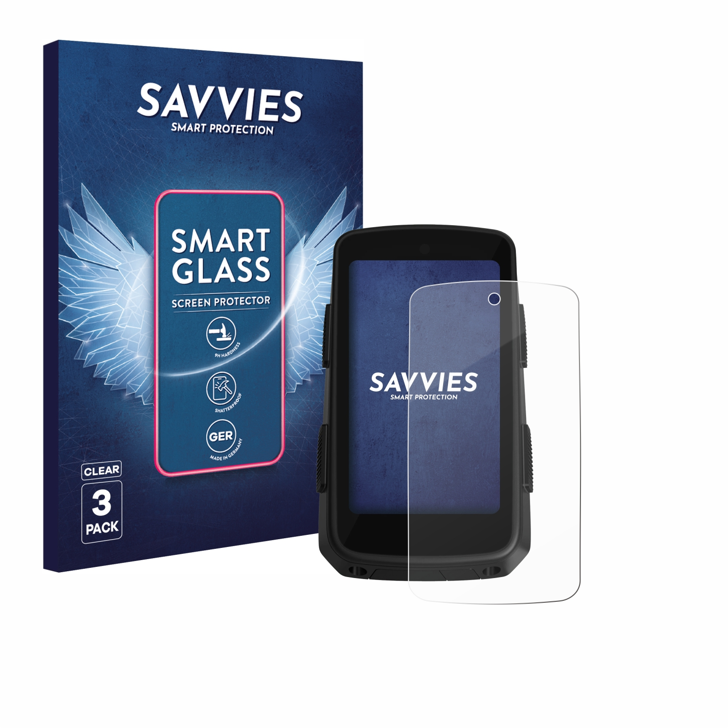 Ein Telefon und ein Displayschutz befinden sich neben einer Box. Die Box wirbt für den Savvies Smart Glass Displayschutz.