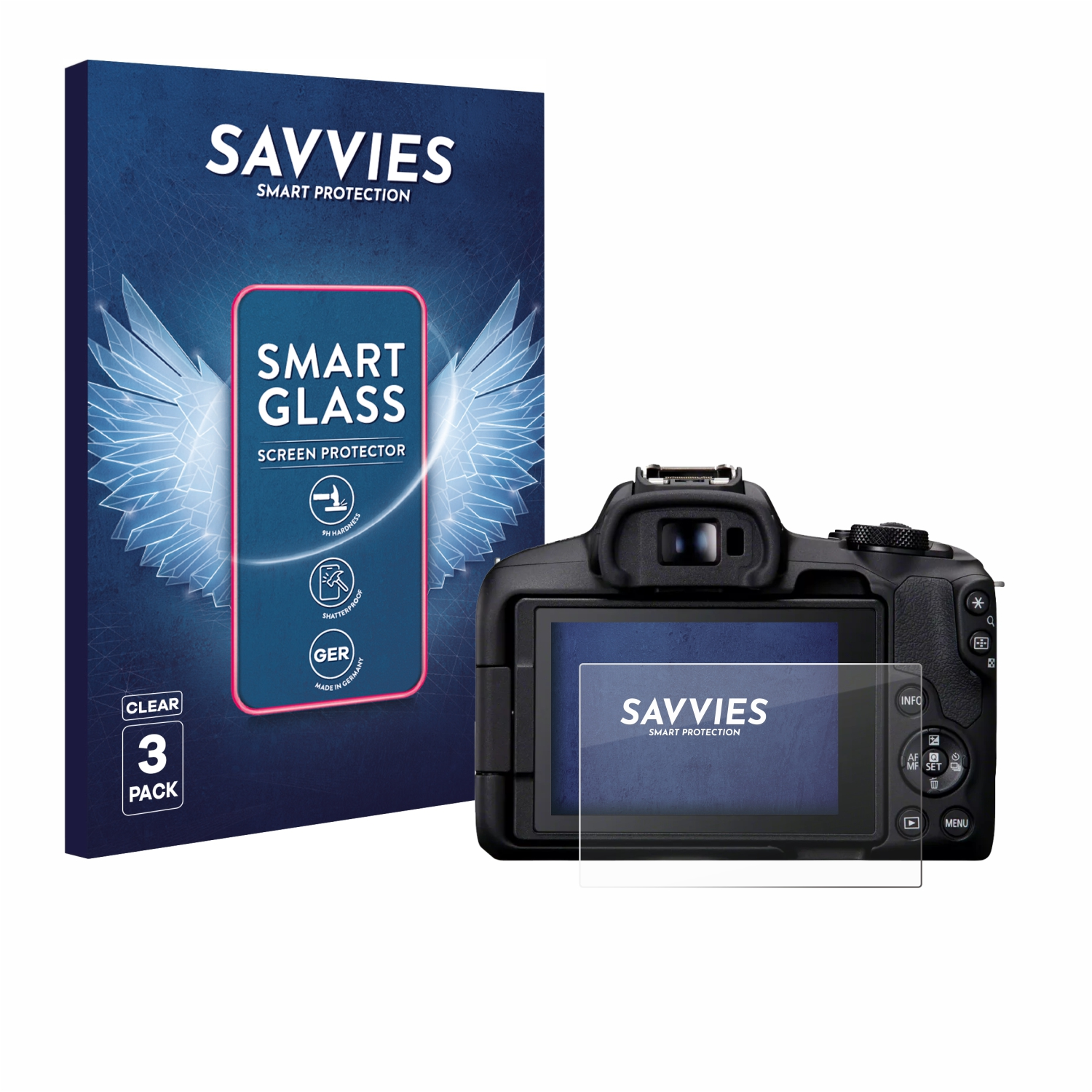 Kamera mit Displayschutzfolie. Im Hintergrund eine Produktbox mit 'Smart Glass' Text.