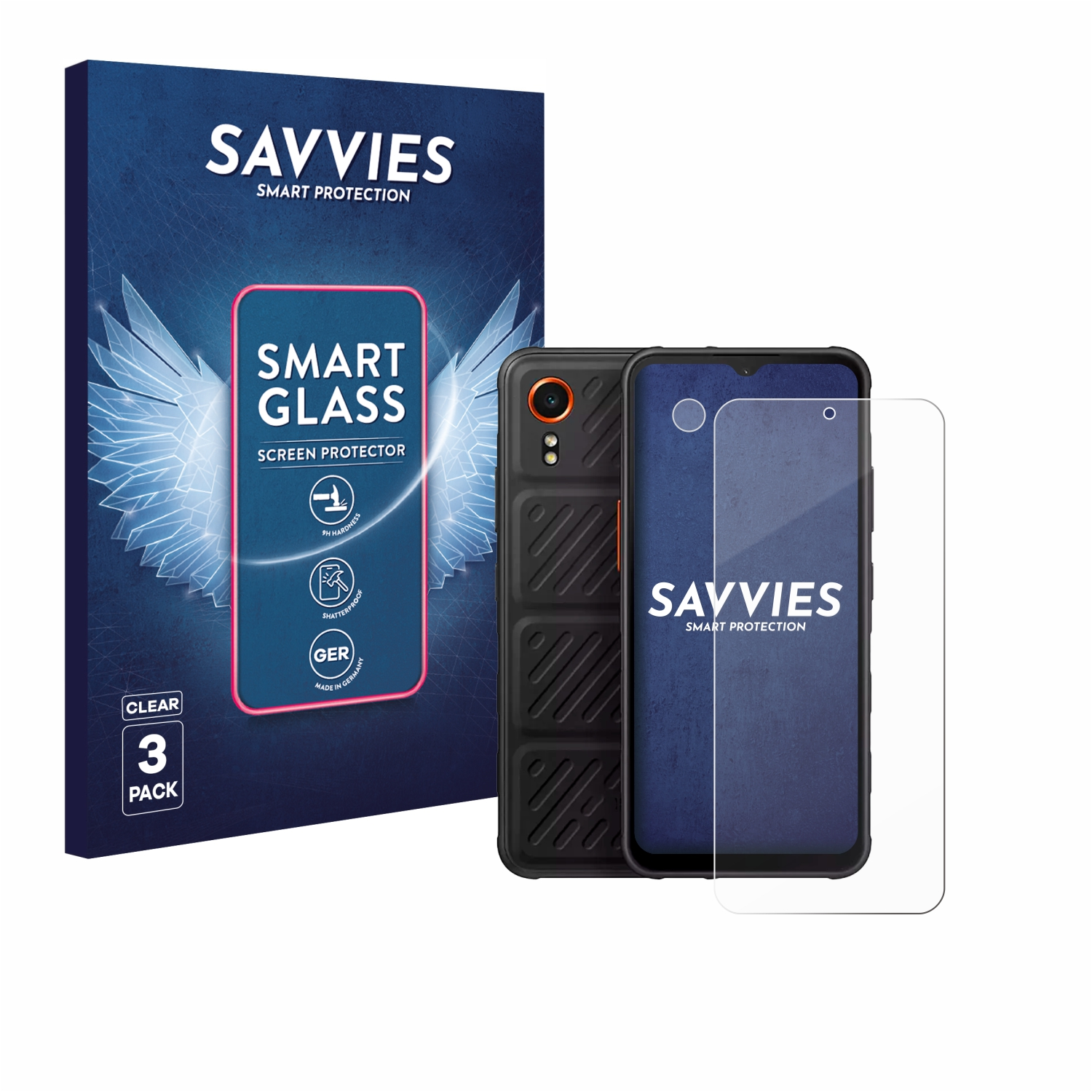Ein Telefon und ein Displayschutz befinden sich neben einer Schachtel. Die Schachtel wirbt mit dem Markennamen SAVVIES.