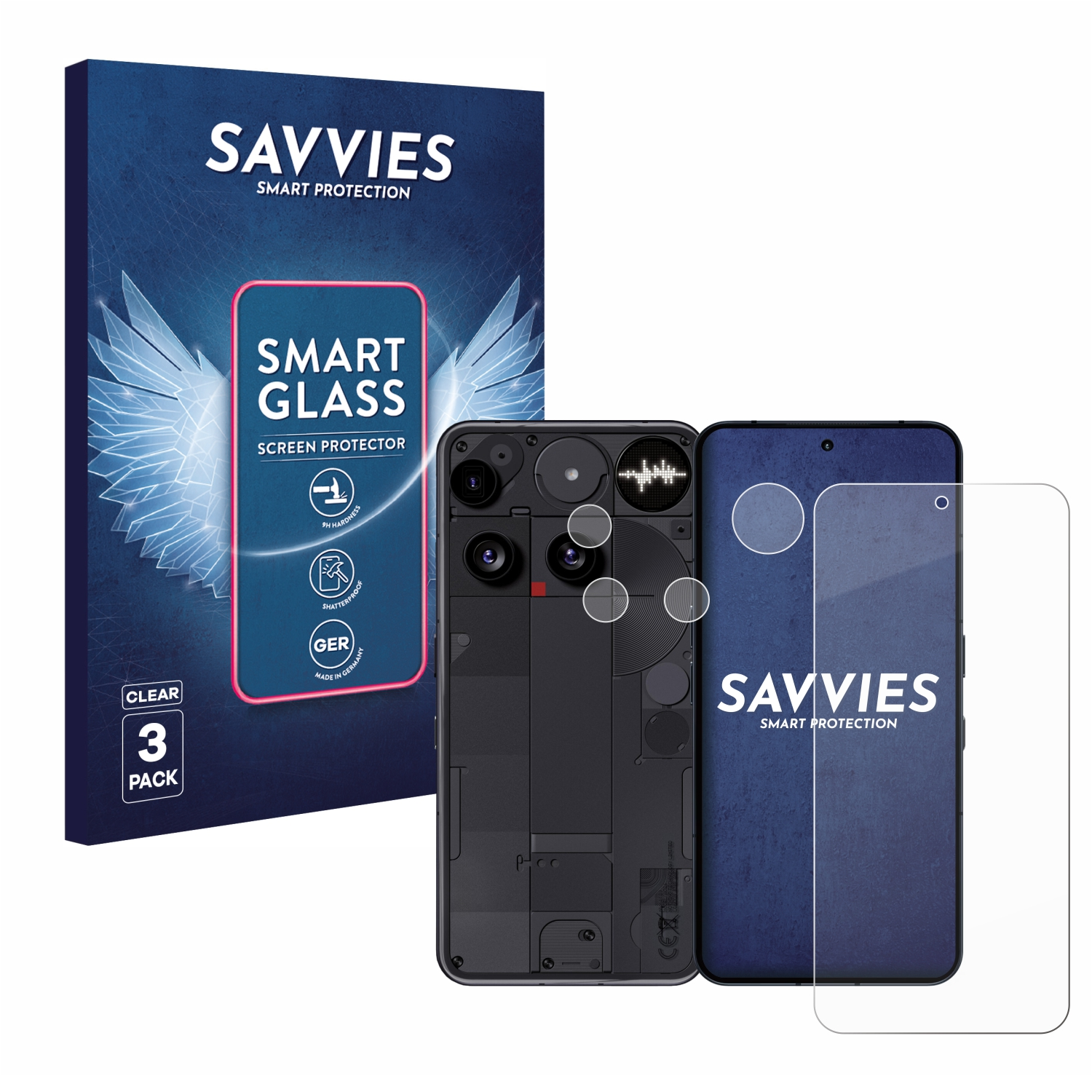 Ein Telefon und Displayschutzfolien werden mit Verpackung gezeigt. Die Verpackung trägt die Aufschrift Savvies Smart Glass. Ein Telefon ist im Zentrum.