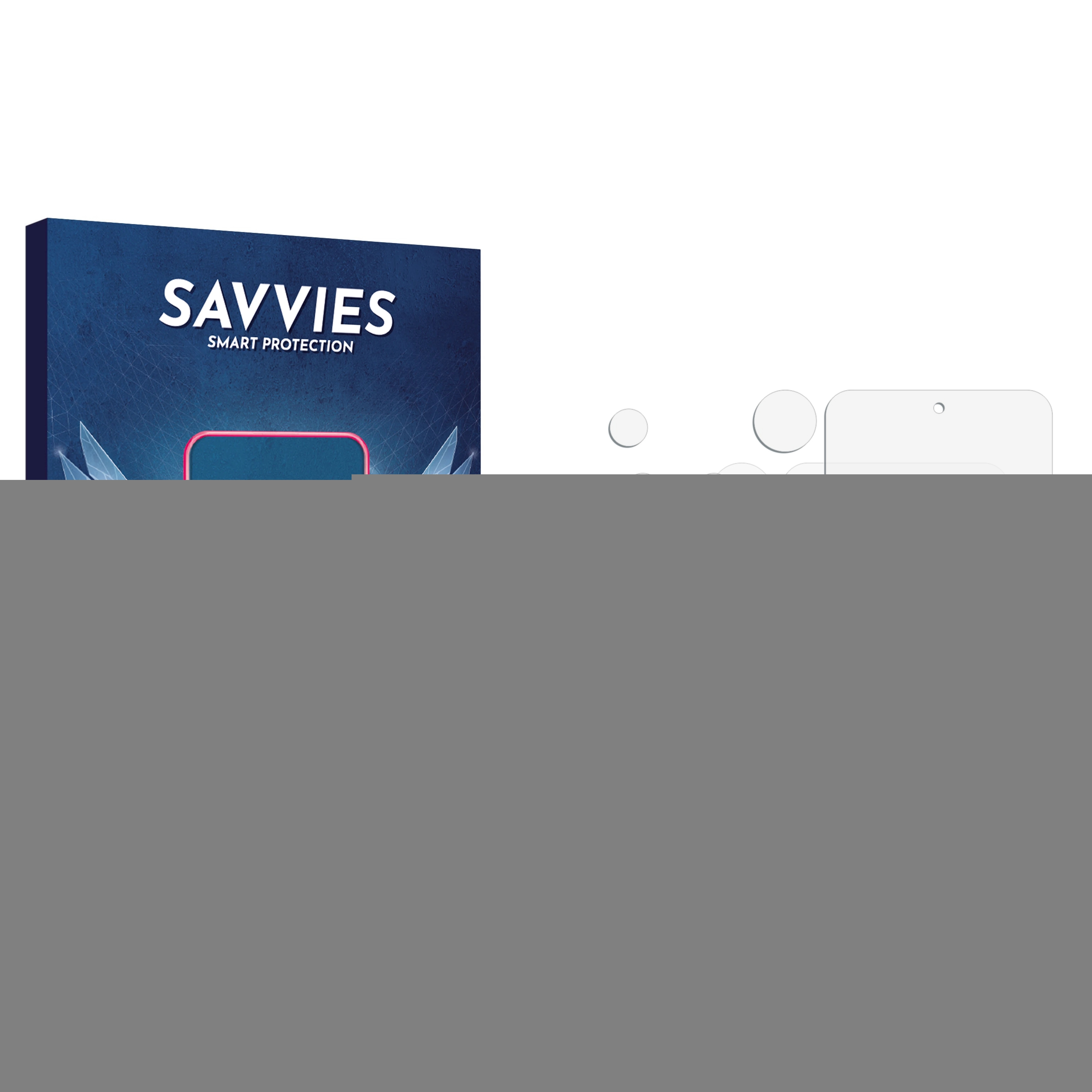 Das Bild zeigt eine Produktverpackung mit dem Markennamen SAVVIES. Der Hintergrund ist weiß, das Produkt ist ein Displayschutz.