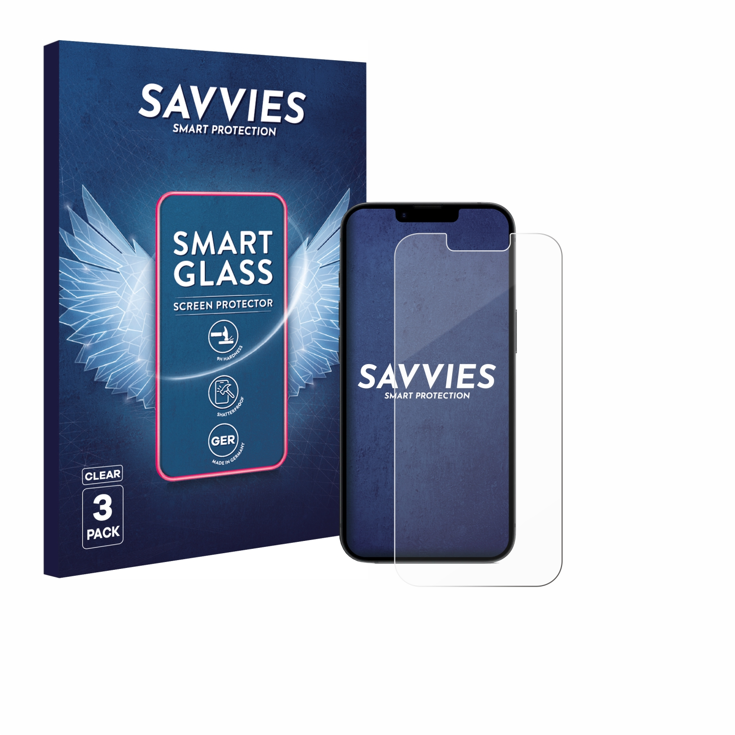 Das Bild zeigt eine Displayschutzfolienpackung. Die Packung und ein Telefon mit Schutzfolie sind abgebildet. Der Markenname ist Savvies.
