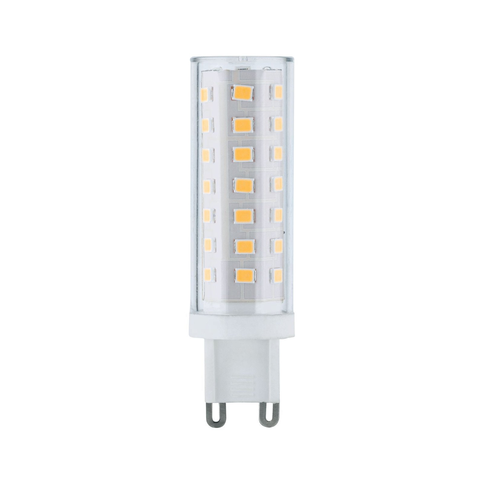 Eine LED-Glühbirne. Sie hat eine rechteckige Form mit vielen kleinen gelben Lichtern im Inneren und zwei Metallstiften unten.
