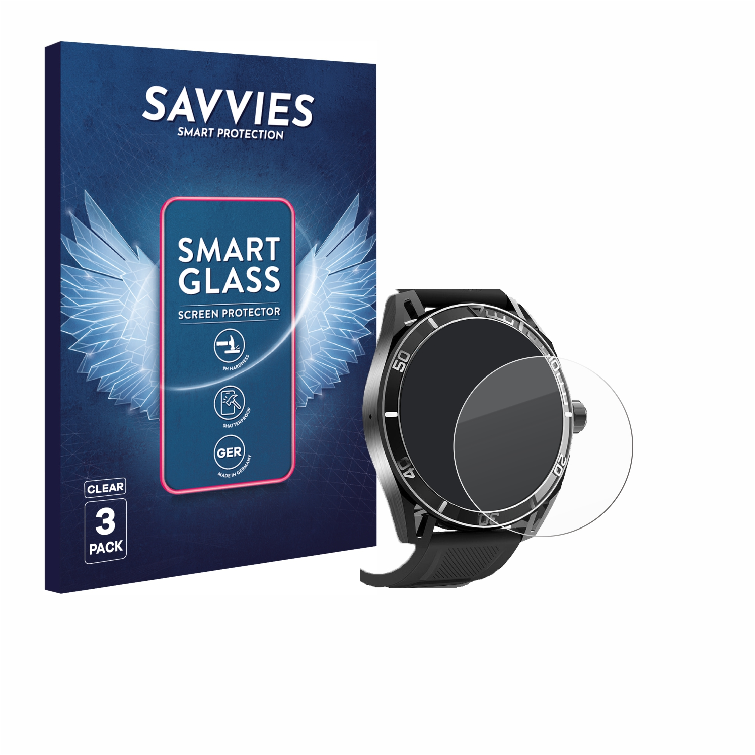 Eine Smartwatch mit Displayschutzfolie und eine Packung Displayschutzfolien. Auf der Packung steht 'Smart Glass' und 'Clear'.