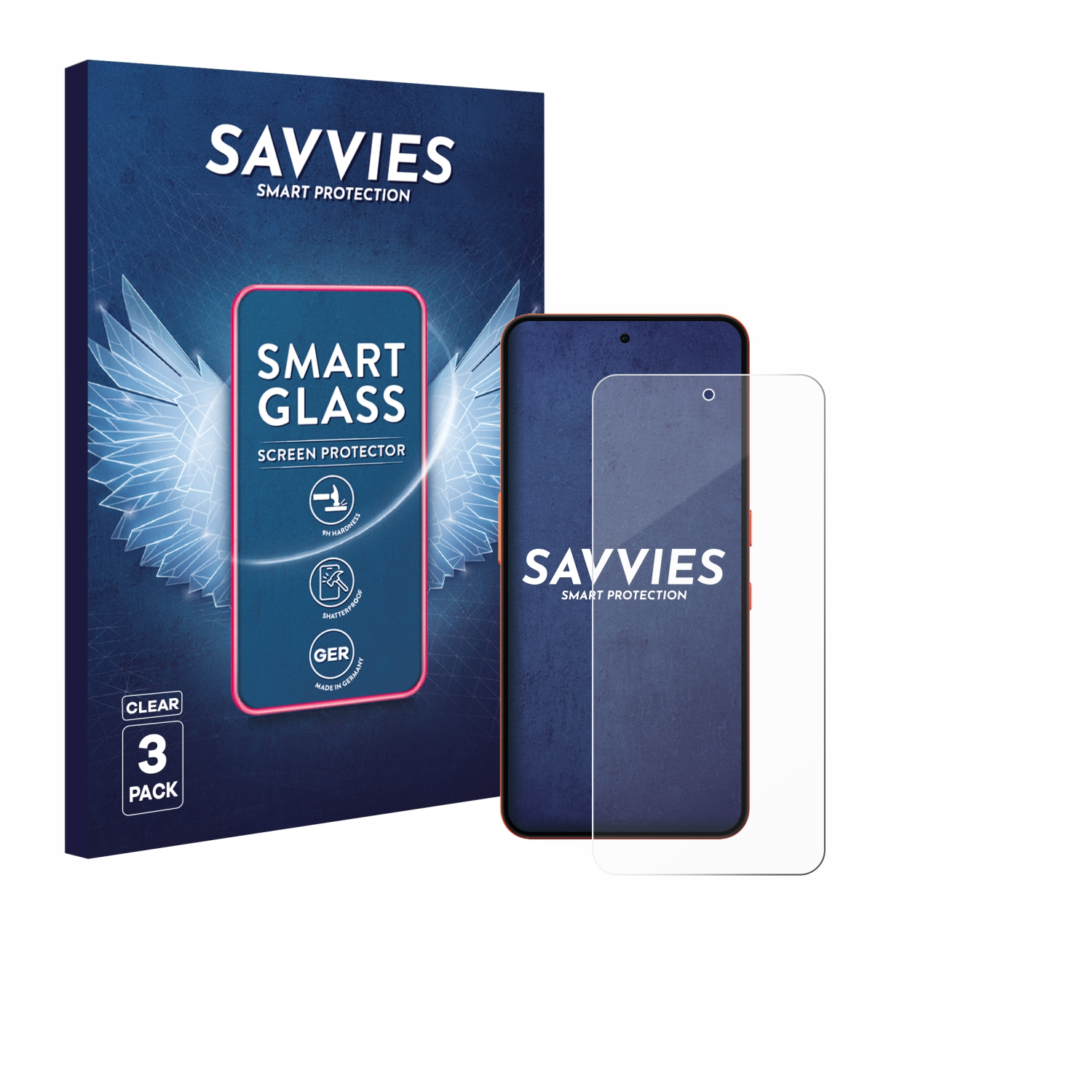 Ein Telefon, ein Displayschutz und eine Verpackung werden angezeigt. Die Verpackung hat das Savvies-Logo und Produktdetails. Das Telefon hat einen Displayschutz.