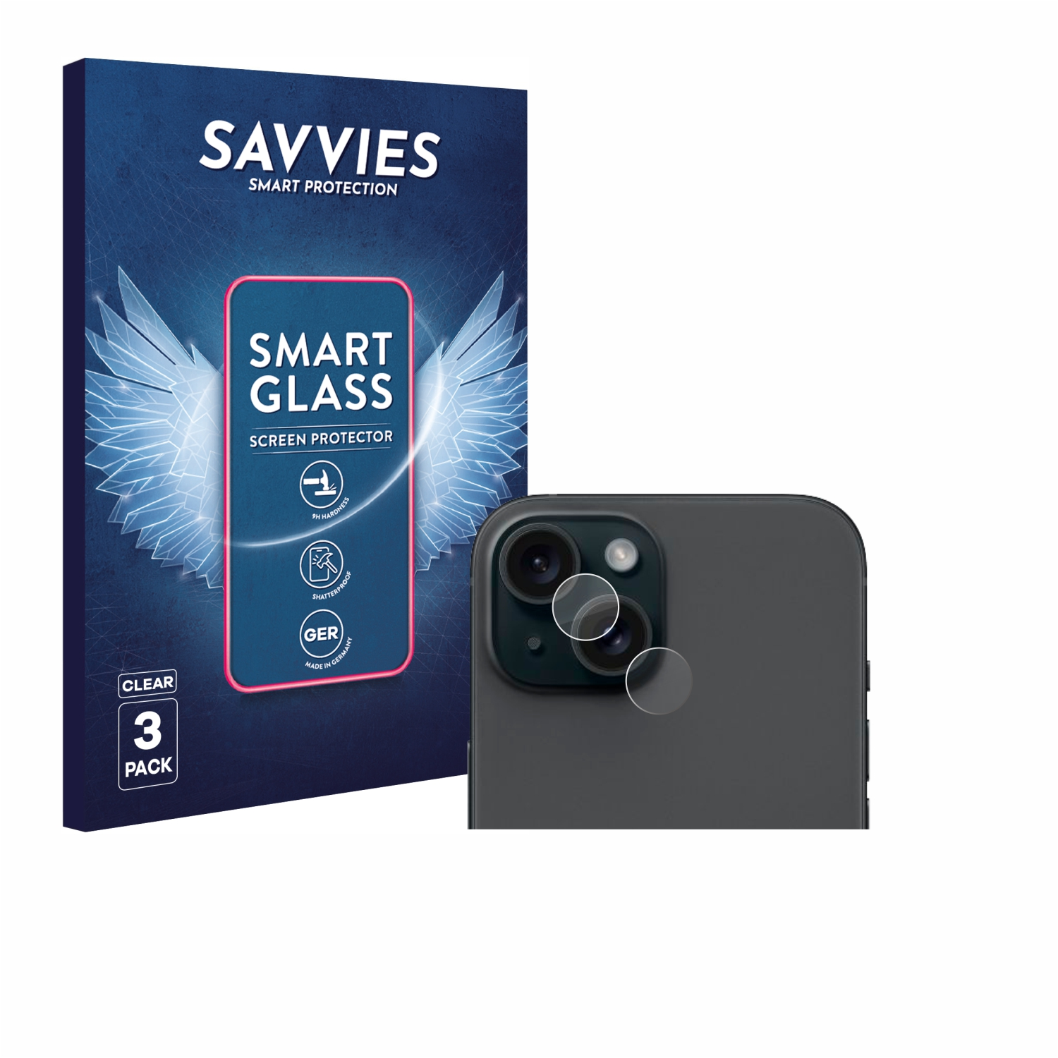 Ein Telefon und eine Displayschutzverpackung. Auf der Verpackung steht 'Smart Glass'. Klare Schutzfolien sind auf den Kameralinsen des Telefons platziert.