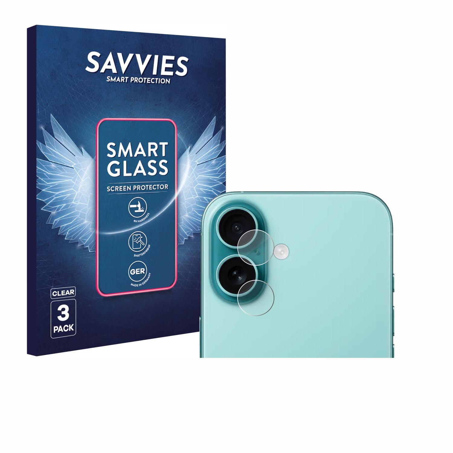 Das Bild zeigt ein Telefon mit Displayschutzfolien und einer Schachtel. Auf der Schachtel steht 'SAVVIES' und 'SMART GLASS'.