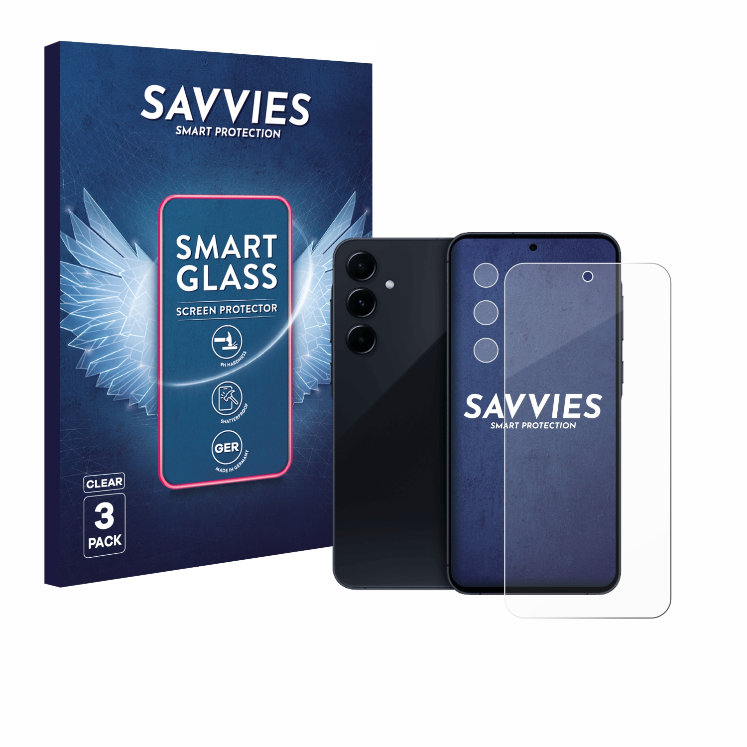 Ein Telefon, Displayschutzfolie und Verpackung eines Smart-Glass-Displayschutz. Die Verpackung hat die Marke SAVVIES.