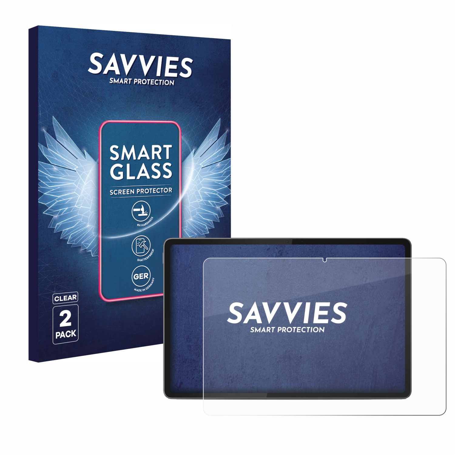 Eine Tablet-Displayschutzfolie, ihre Verpackung und ein Tablet werden angezeigt. Die Verpackung trägt die Marke 'Savvies'.
