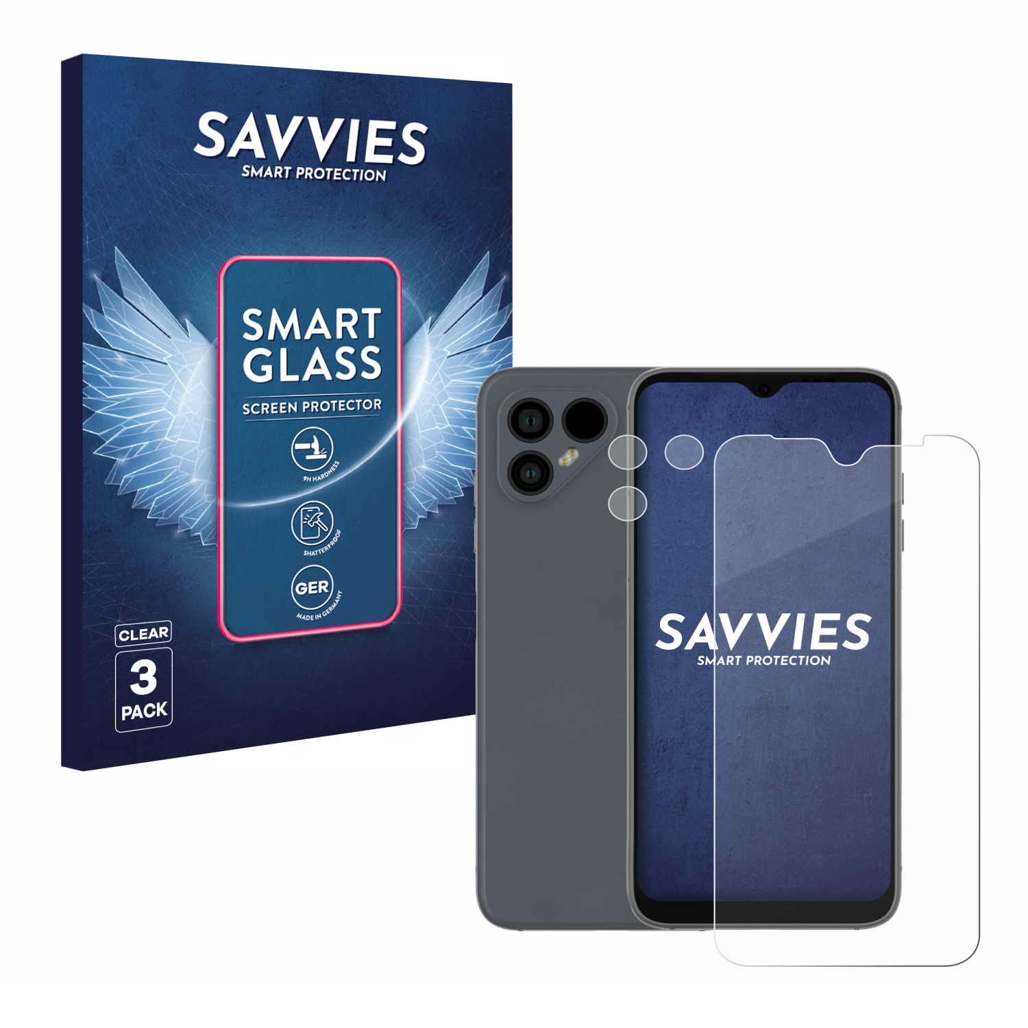 Ein Telefon und eine Displayschutzfolie befinden sich neben einer Schachtel. Die Schachtel bewirbt eine 'Smart Glass' Displayschutzfolie, das Telefon ist grau.