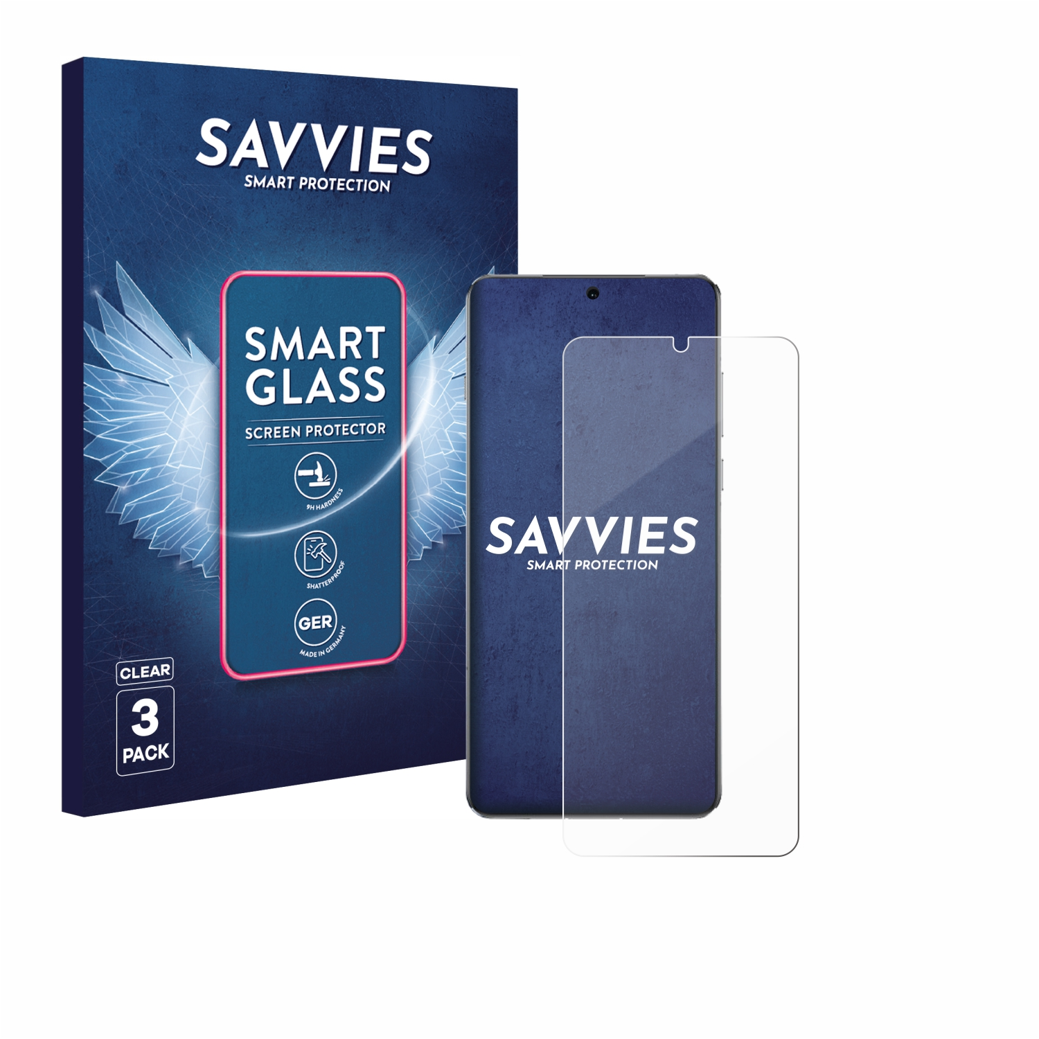 Das Bild zeigt ein Displayschutzfolien-Kit, einschließlich einer Schachtel, einem Telefon und einer Displayschutzfolie. Auf der Box steht 'SAVVIES SMART GLASS'.