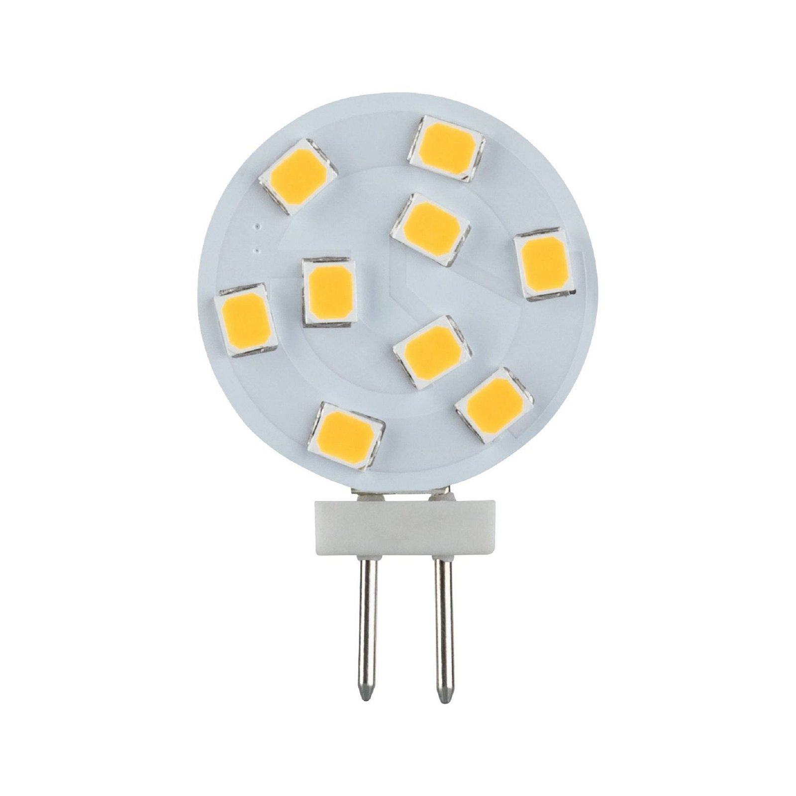 Nahaufnahme einer LED-Leuchte mit weißem Sockel und gelben Lichtern. Zwei Metallstifte ragen aus dem Sockel heraus.