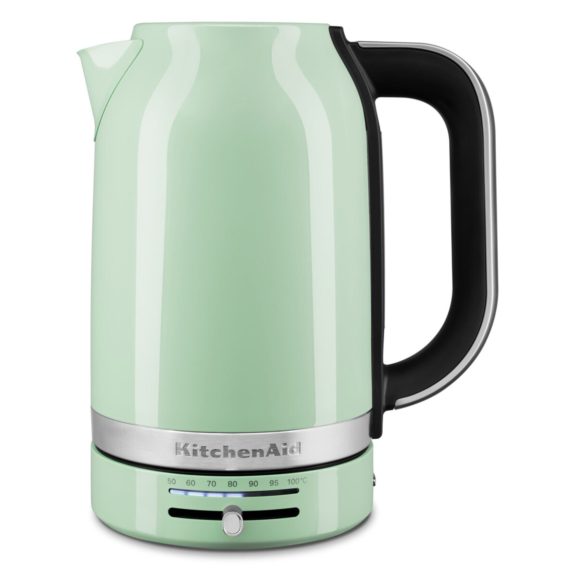 Ein mintgrüner KitchenAid Wasserkocher. Er hat einen schwarzen Griff und einen silbernen Sockel mit Temperatureinstellungen.