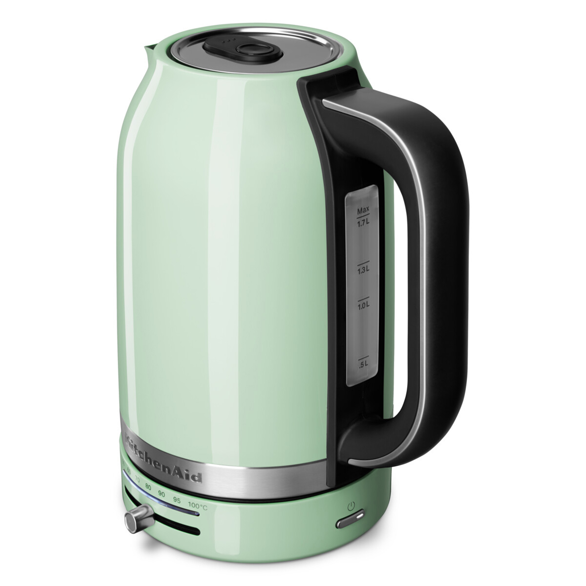 Ein mintgrüner KitchenAid-Wasserkocher. Er hat einen schwarzen Griff und einen silbernen Deckel. Ein Zifferblatt zeigt Temperatureinstellungen.
