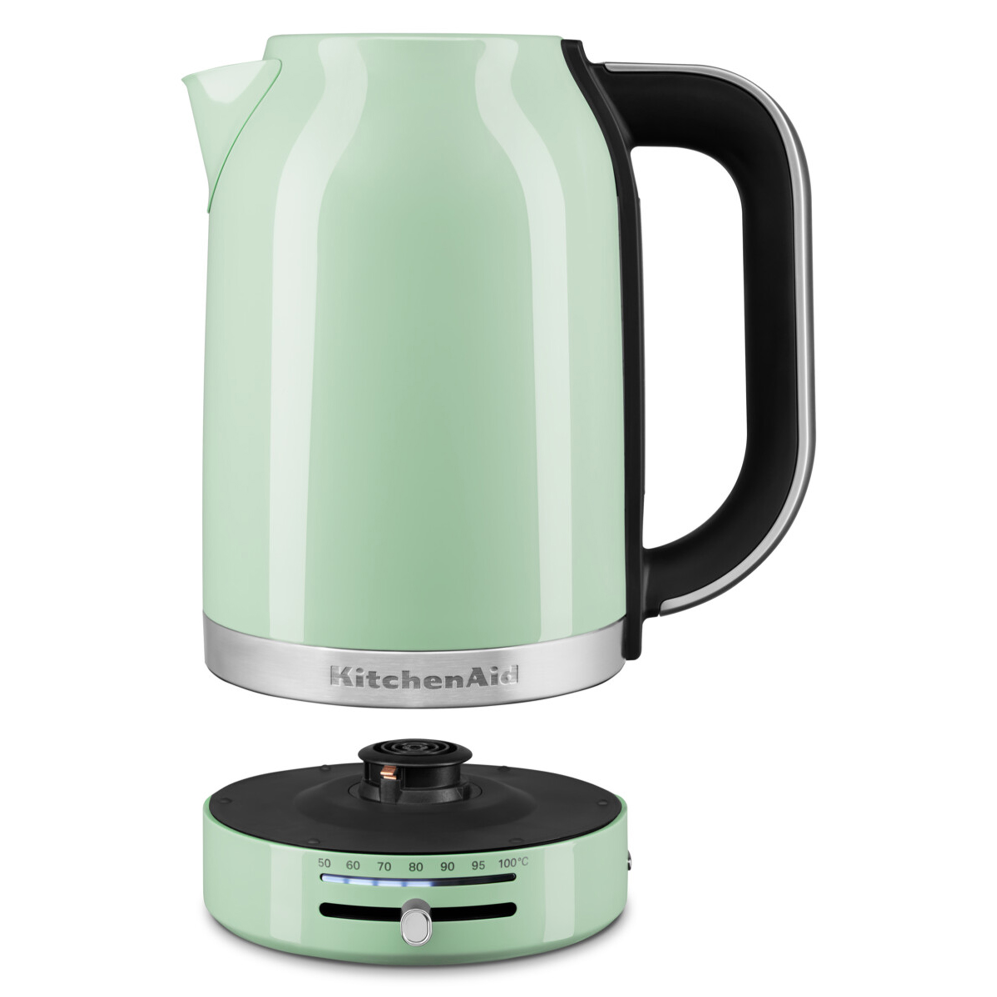 Minzgrüner KitchenAid-Wasserkocher mit Sockel, Griff und Temperaturregler auf weißem Hintergrund.