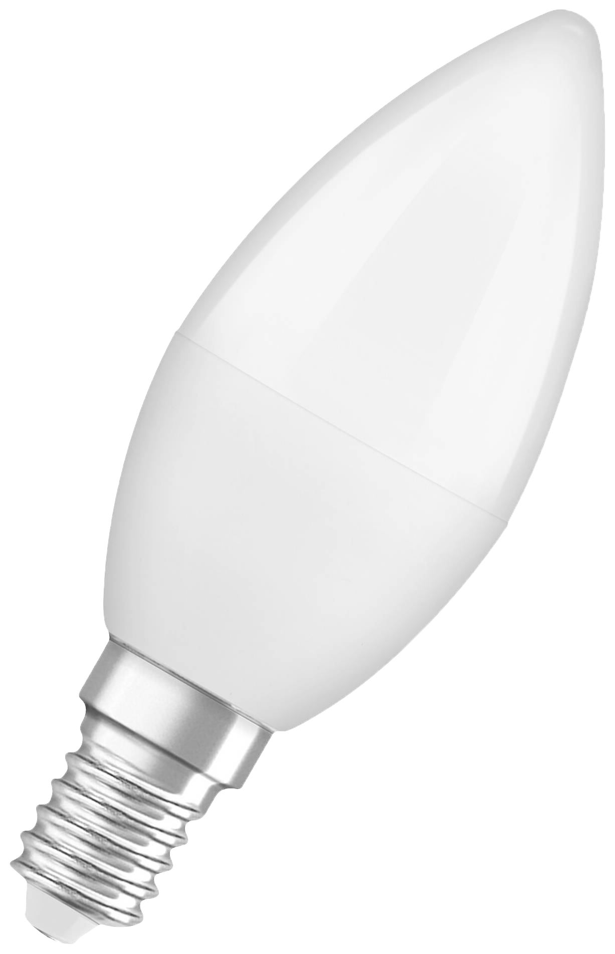 Una lampadina bianca a forma di candela con base argentata. La lampadina è angolata e su sfondo bianco.