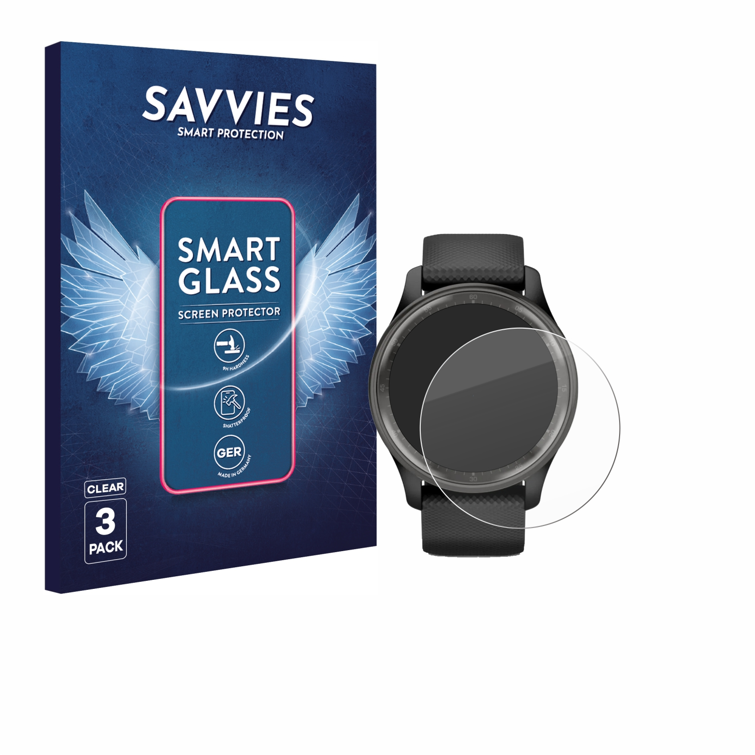 Eine Smartwatch und eine Displayschutzfolienverpackung werden angezeigt. Auf der Verpackung steht 'Smart Glass' und '3er Pack'. Die Uhr ist schwarz.