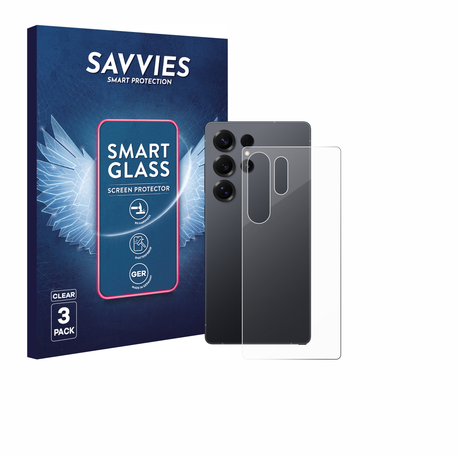Ein Telefon und eine Displayschutzfolie befinden sich neben einer Schachtel. Die Schachtel bewirbt ein klares 3er-Pack Smart Glass Displayschutzfolien.