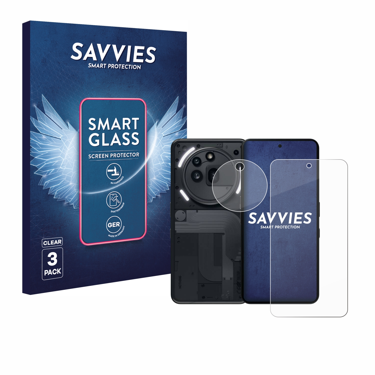 Ein Telefon und Displayschutzfolien werden mit einer Box angezeigt. Die Box zeigt 'SAVVIES SMART PROTECTION' mit 'SMART GLASS'.