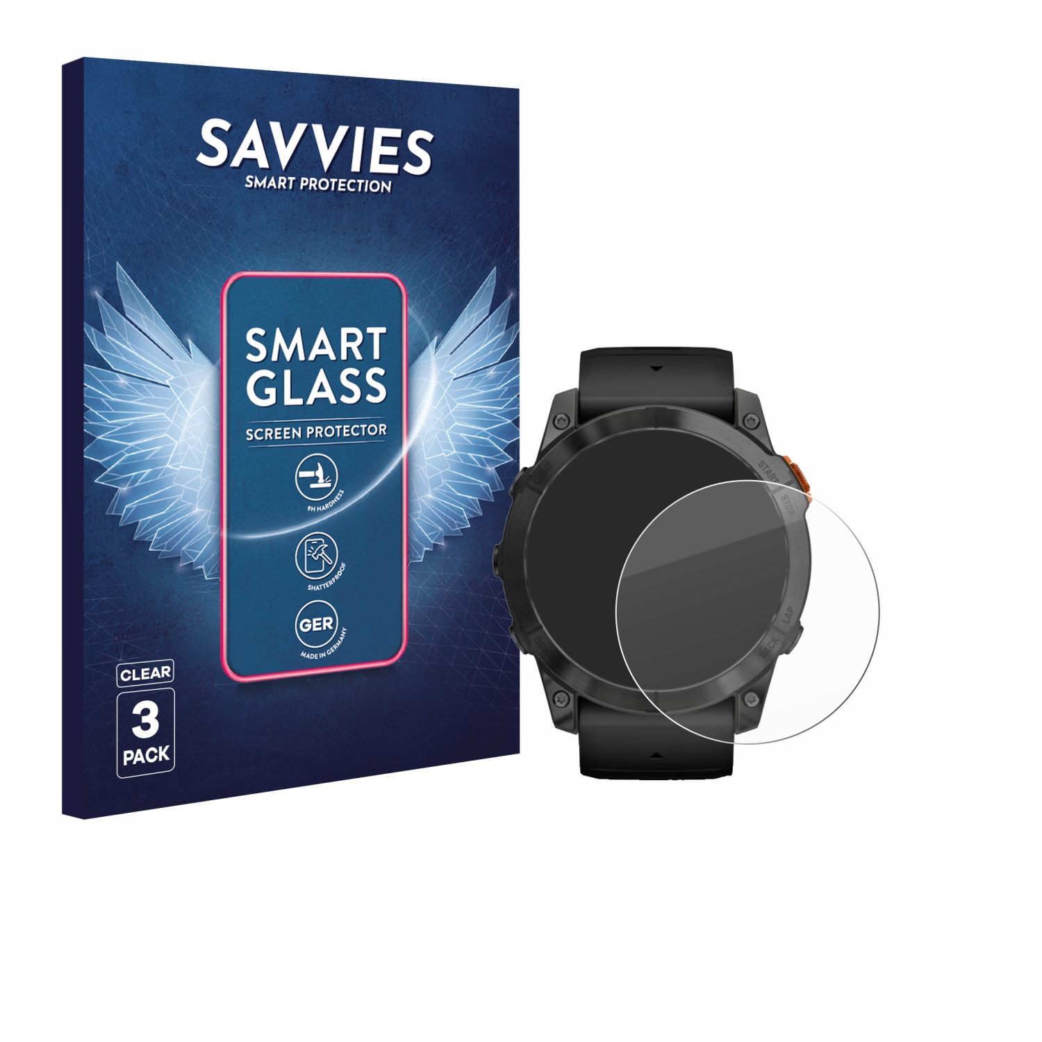 Eine Smartwatch mit Displayschutzfolie und eine Packung Displayschutzfolien. Auf der Verpackung steht 'SAVVIES SMART GLASS'.