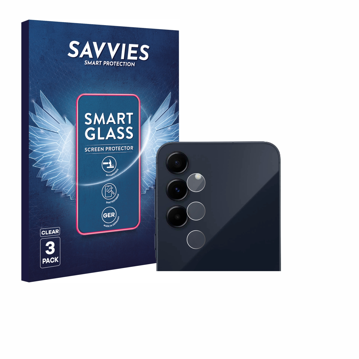 Ein Telefon und eine Displayschutzfolienbox. Auf der Box steht 'SAVVIES SMART GLASS SCREEN PROTECTOR'. Das Telefon ist blau mit Kameralinsen.