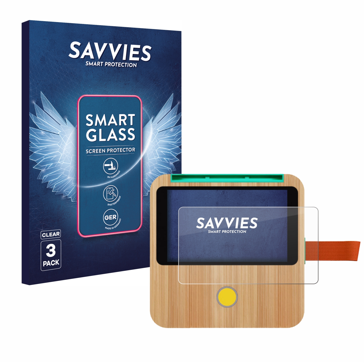 Eine Box mit einem telefonähnlichen Gerät und einem Displayschutz. Auf der Box steht 'SAVVIES SMART PROTECTION' und 'SMART GLASS'.