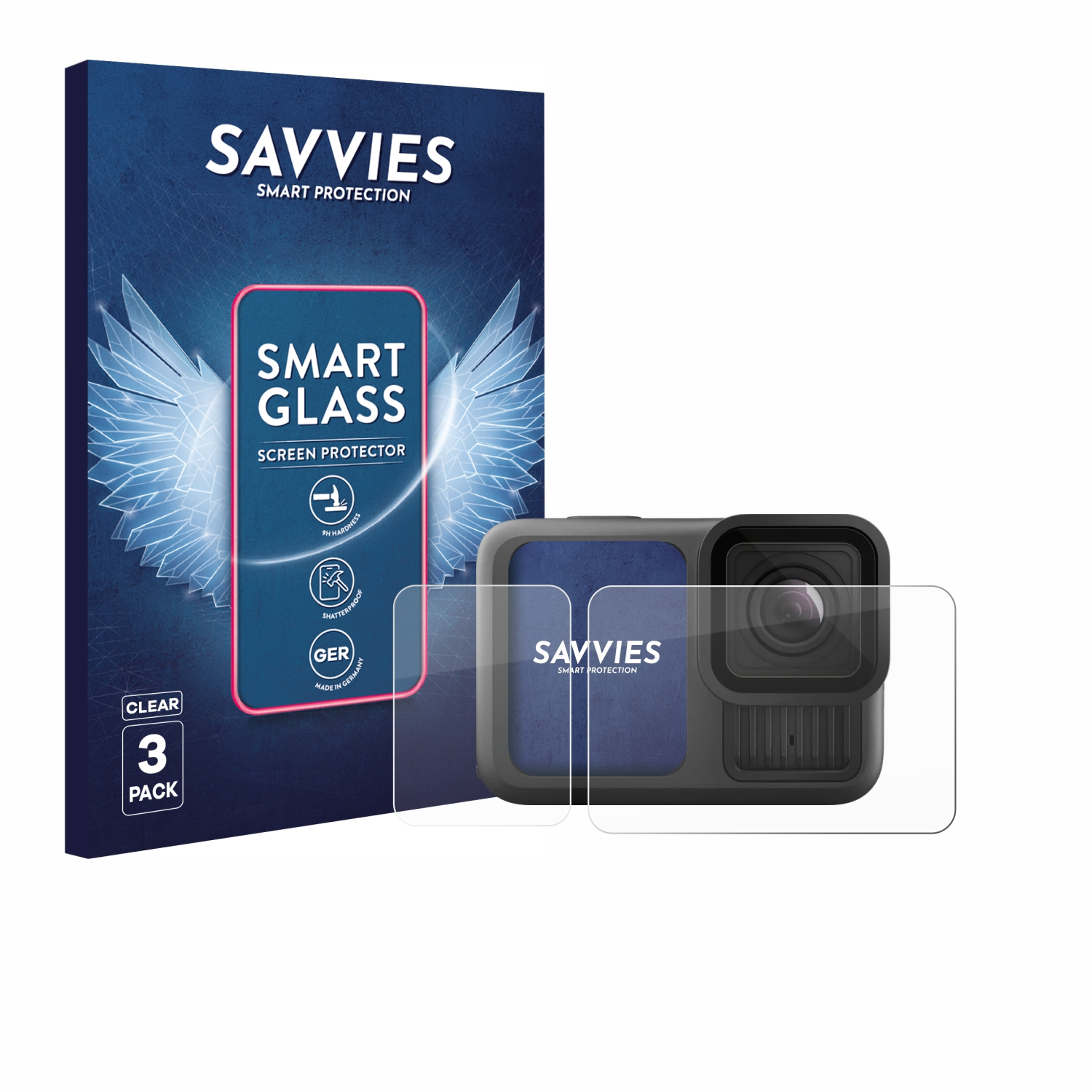 Das Bild zeigt eine Displayschutzfolienbox, eine Kamera und zwei Displayschutzfolien. Auf der Box steht SAVVIES und SMART GLASS.