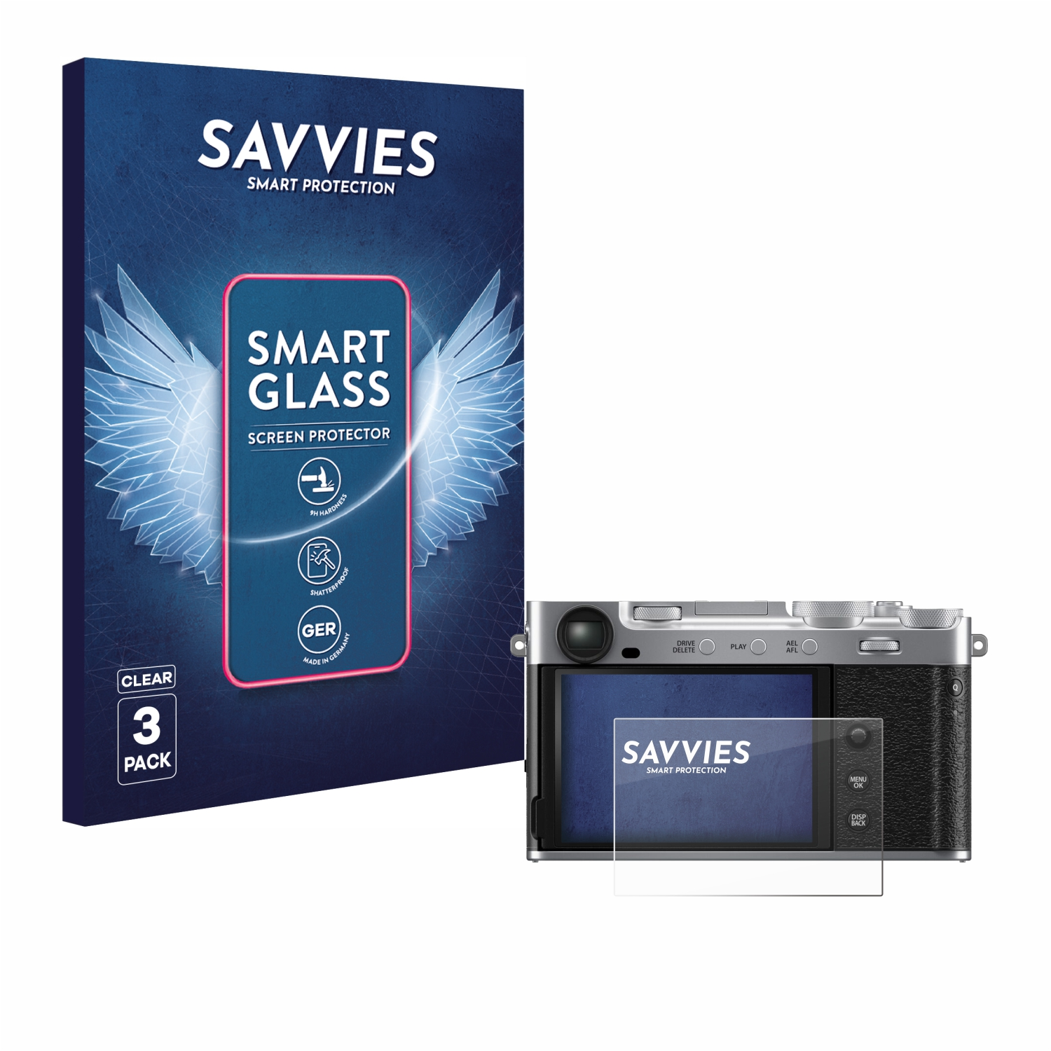 Eine Verpackung für Displayschutzfolien und eine Kamera mit angebrachter Folie. Auf der Verpackung steht 'Smart Glass' und 'Savvies'.