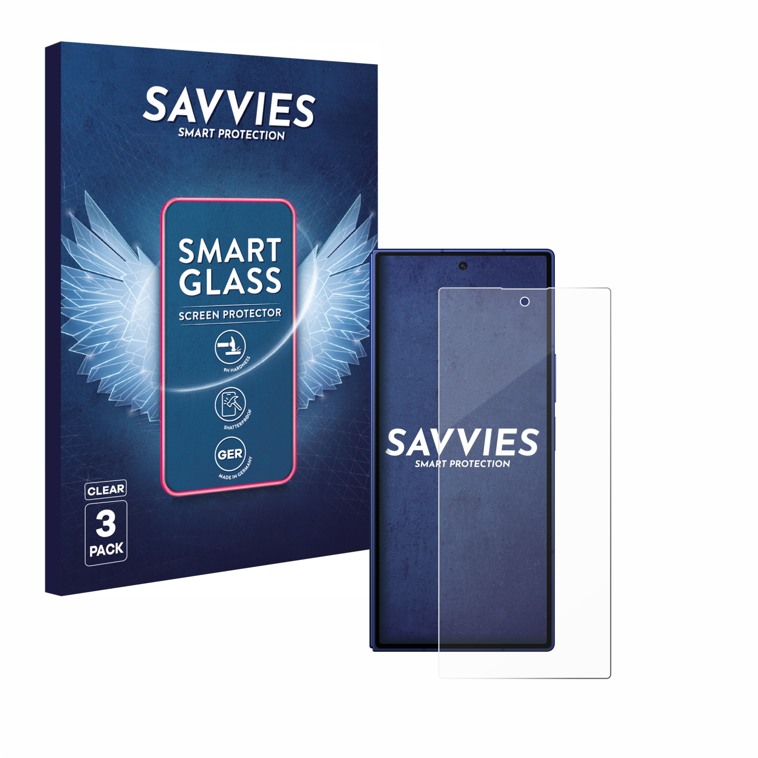 Ein Telefon und ein Displayschutz neben einer Schachtel. Die Schachtel wirbt mit 'Smart Glass' Displayschutz.