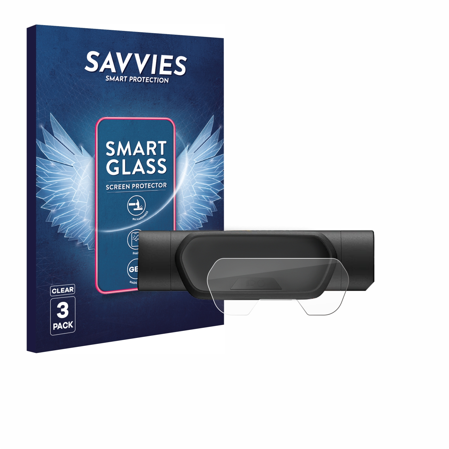 Eine Produktbox mit 'SAVVIES' und 'SMART GLASS', ein schwarzes Objekt und transparente Displayschutzfolien. '3 PACK' ist sichtbar.