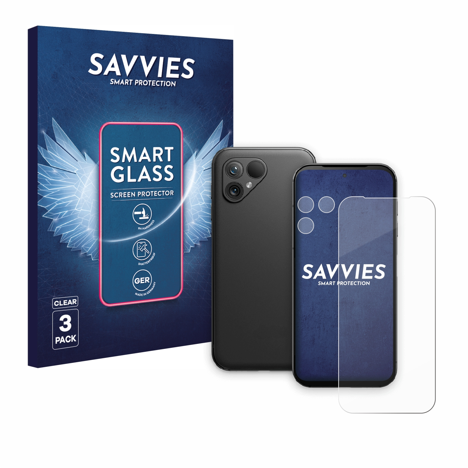 Ein Telefon, Displayschutzfolie und Verpackung werden angezeigt. Auf der Verpackung steht 'SAVVIES' und 'SMART GLASS' mit einer klaren Schutzfolie.