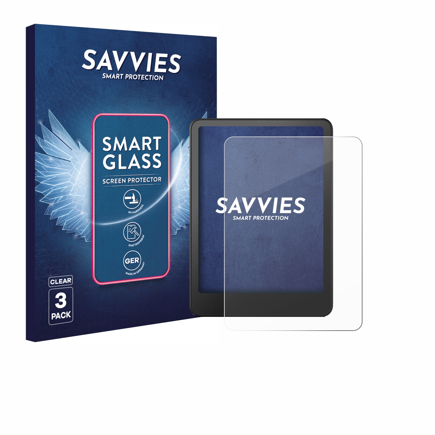 Eine Schachtel mit einem Smart Glass Displayschutzfolien-Kit. Ein Tablet und der Schutz werden angezeigt. Die Box zeigt Branding und Produktdetails.
