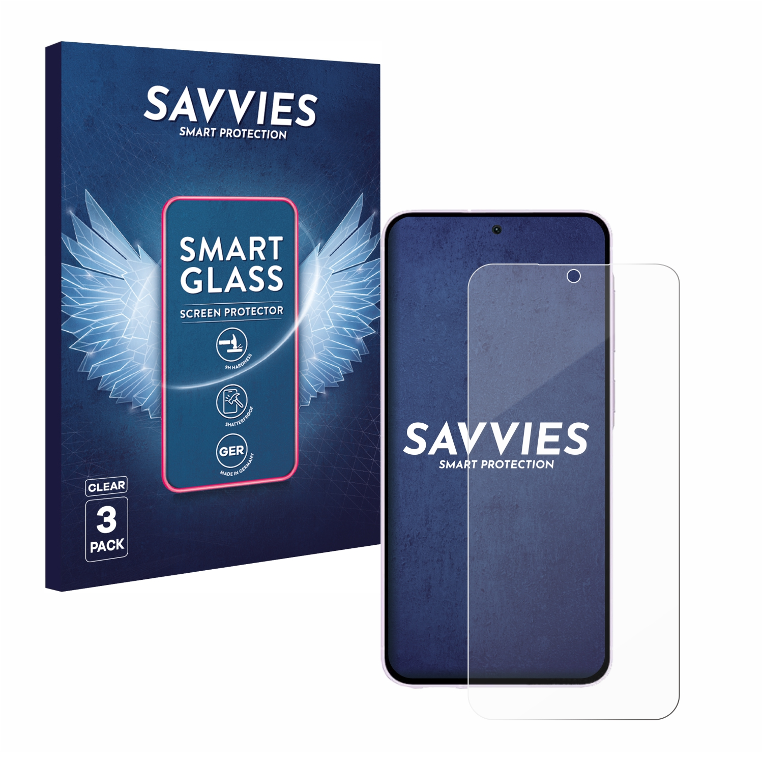 Ein Telefon und ein Displayschutz sind abgebildet. Auf der Verpackung des Schutzglases steht 'SAVVIES SMART PROTECTION' und 'SMART GLASS'.