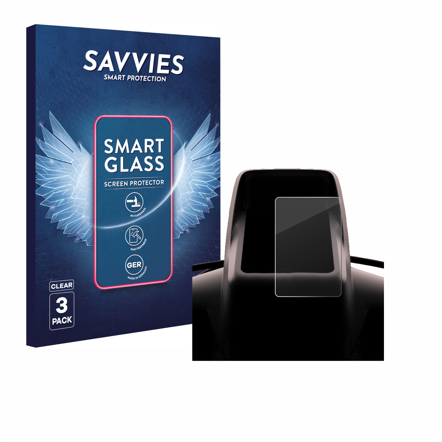 Eine Displayschutzfolienbox mit 'SAVVIES' und 'SMART GLASS'. Daneben sind ein schwarzes Armaturenbrett und eine klare Schutzfolie zu sehen.