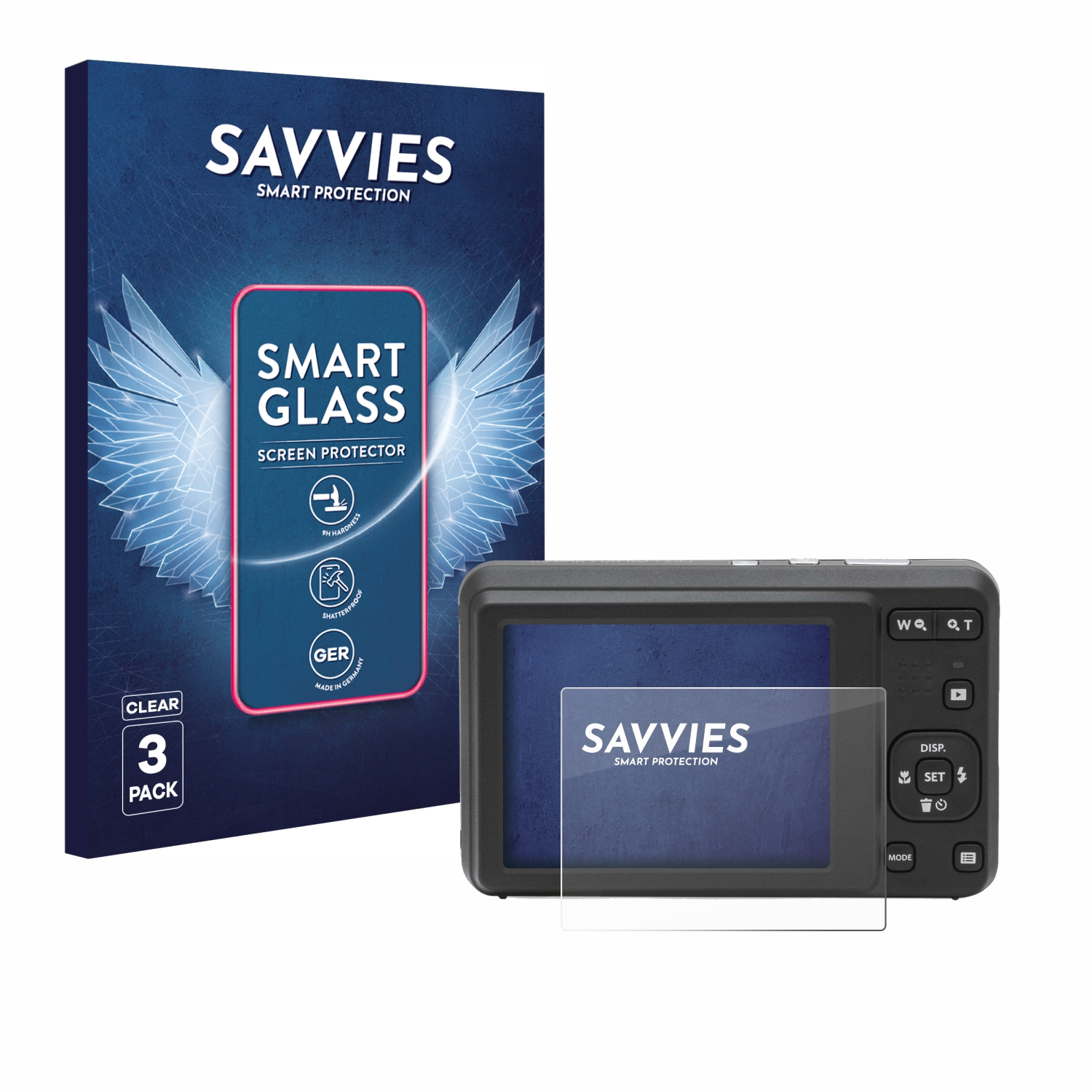 Eine Displayschutzfolienbox und eine Kamera. Auf der Box steht 'Savvies Smart Glass'. Die Kamera hat einen Bildschirm mit 'Savvies'.